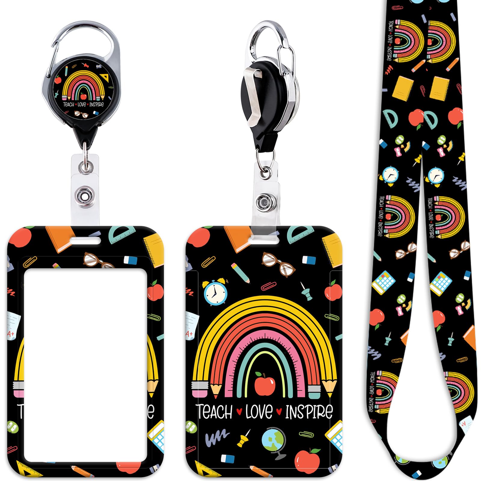 Cute Teachers Card Holder Lanyard for ID Badge Keys Rainbow Retractable Badge Reel Clip for School Black Keychain Lanyard ID Holder for Women Men Girls