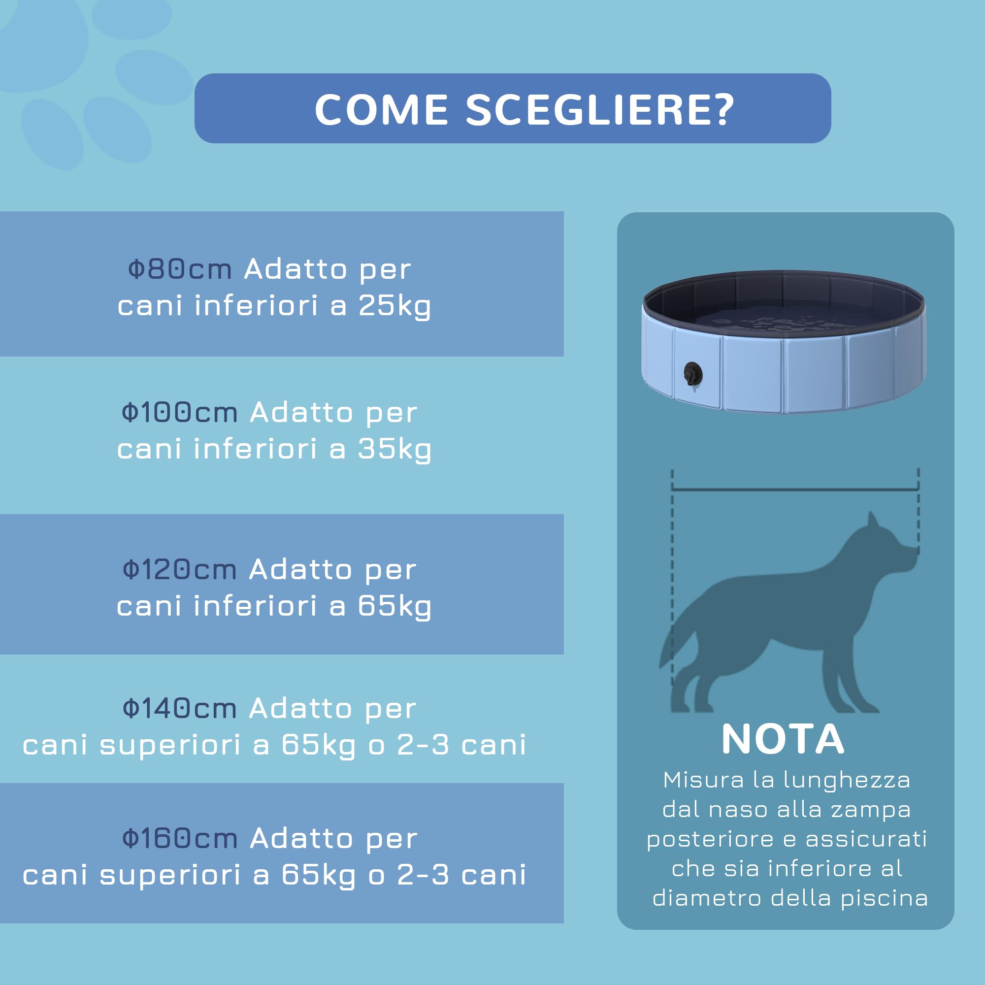 PawHut Piscina per Cani in Plastica, Piscina Pieghevole con Bordo Stabile per Animali Domestici, Ø80 x 20 cm, Blu