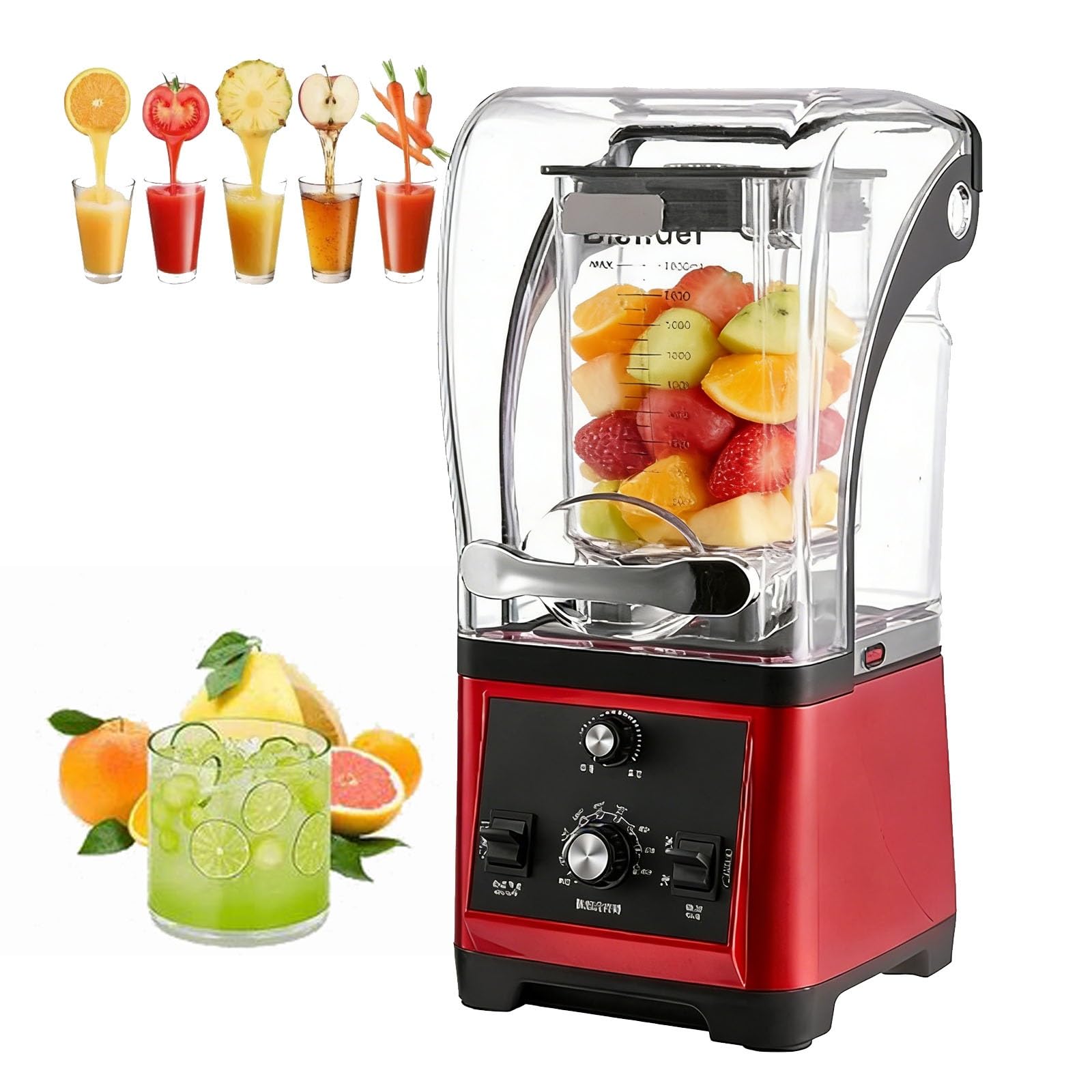 Blender do koktajli/klopsów, cicha kruszarka do lodu, profesjonalny, blatowy, elektryczny robot kuchenny z sześcioma ostrzami ze stali nierdzewnej(Red)
