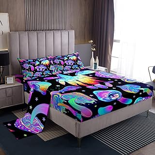 Mushroom Sheet Set Full,Cute Kawaii Bedding Set Trippy Mushroom Bed Sheets For Kids Girls Teens Women Mushroom Room Decor,Psychedelic Botanical Plant Fitted Sheet + Black Flat Sheet + 2 Pillow Cases