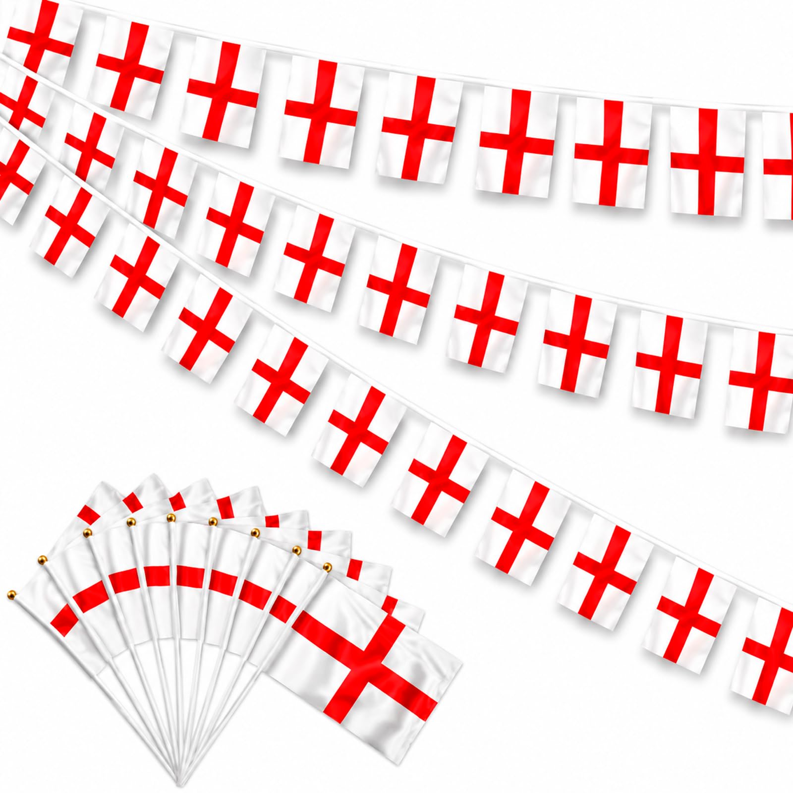 10m England Bunting (40 Flags) & 10 Pcs Handheld England Flags
