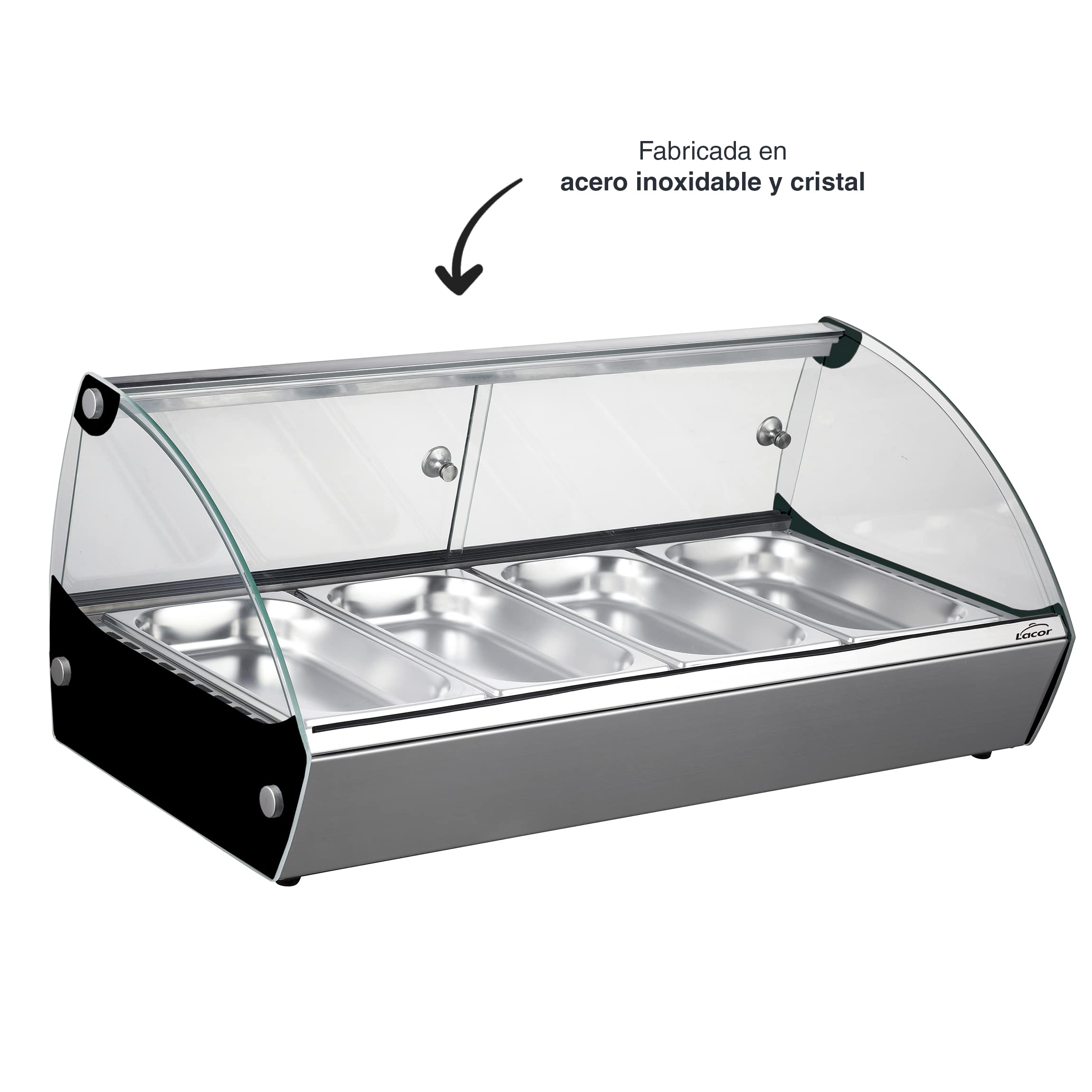 Lacor - 69602 - Vitrina Térmica, Expositor de Alimentos, Cristal y Acero Inoxidable, 500 W, Capacidad: 4xGN 1/3, Termostato Regulable: 30ºC - 90ºC