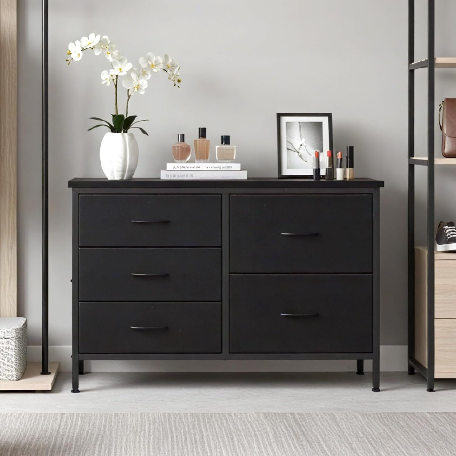 DUMOS TV Stand for Bedroom with 5 Storage Drawers, Fabric Chest of Drawers with Metal Frame, Living Room Storage Organizers Units for Books, TV Stand and Hallway, Modern Black