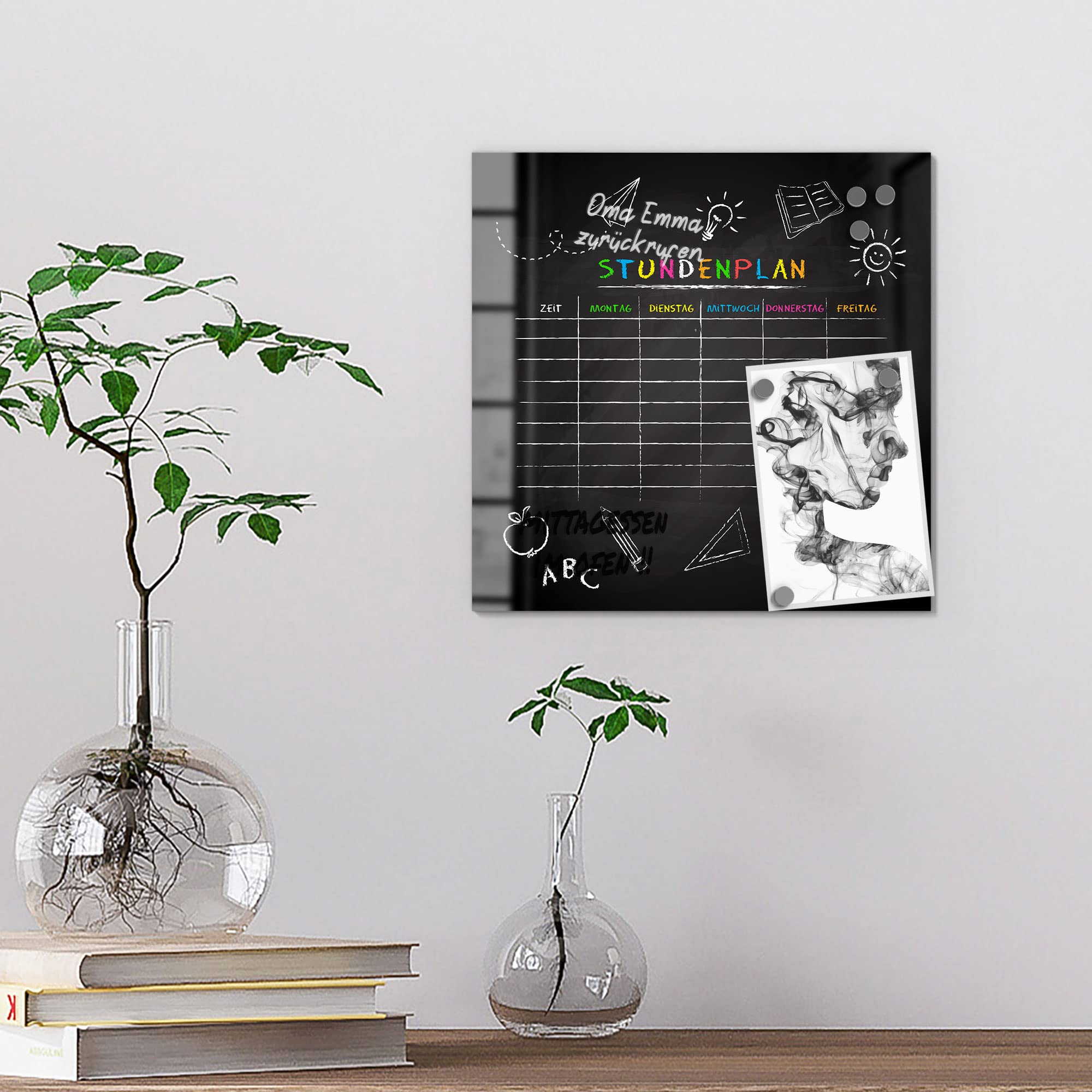 DEQORI Glas-Magnettafel | 30x30 cm groß | Motiv Vorlage: Stundenplan | Memo-Board aus Glas | Magnetboard inkl. Magnete, Stift & Tuch für Küche & Büro | Tafel magnetisch & beschreibbar