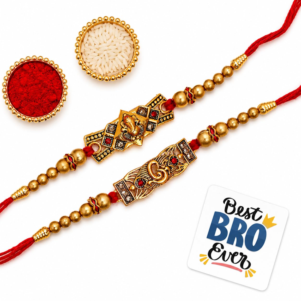 eCraftIndia Set of 2 Lord Ganesha and Om Religious Rakhis, Happy Rakhi Wooden Cutout with Roli Chawal Pack - Rakhi for Brother, Bhaiya, Bhai-image-13