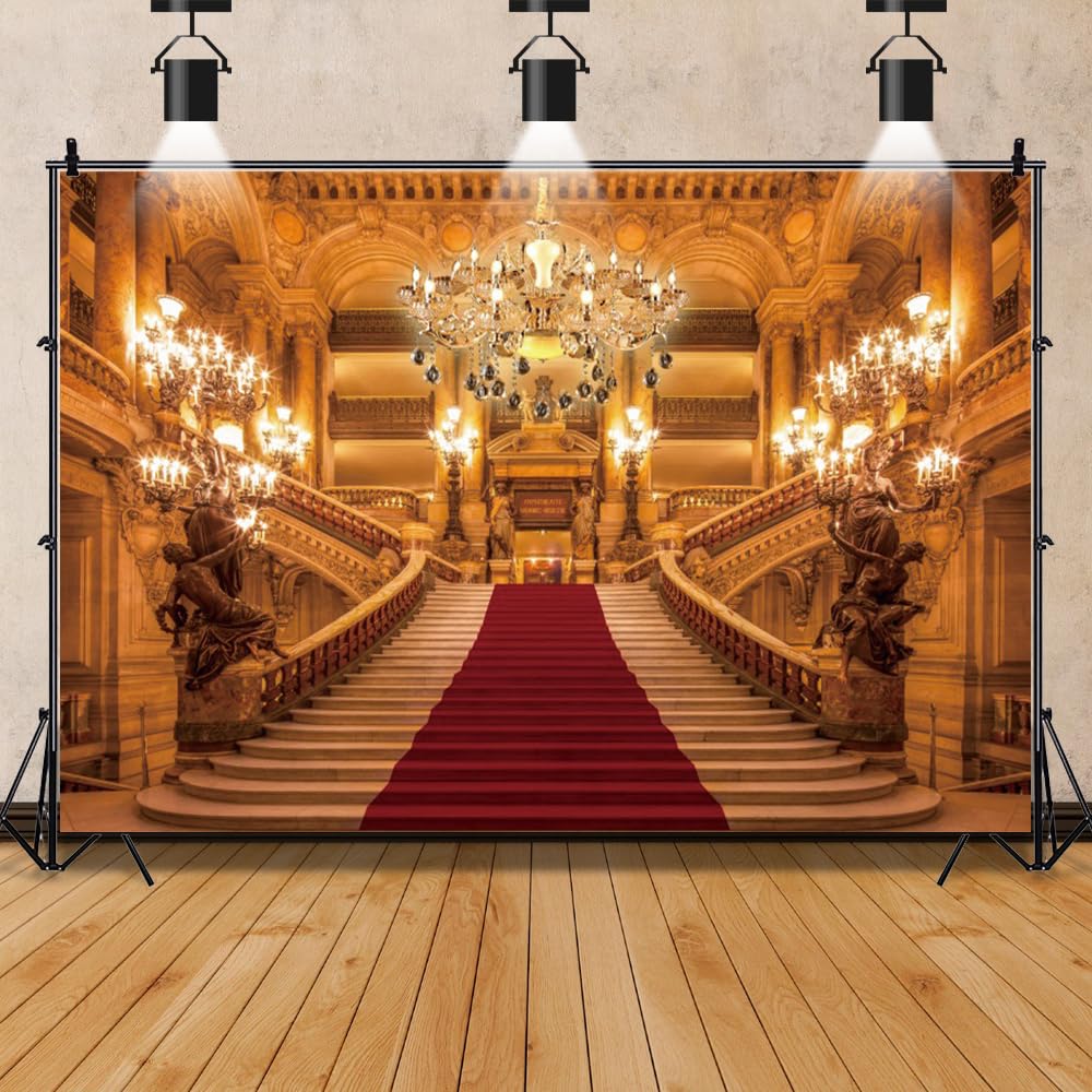 Leowefowa 10x8ft Vinyl Luxurious Palace Photography Backdrop Red Carpet Event Golden Castle Chandelier Royal Buildings Stairs Background Wedding