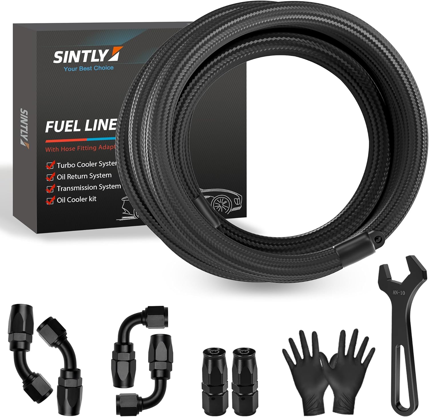 10AN 20FT Fuel Line Hose Kit, AN10 CPE Nylon Stainless Steel Braided Fuel Line Hose with 10PCS Swivel Fuel Hose Fitting Adapter Kit Black