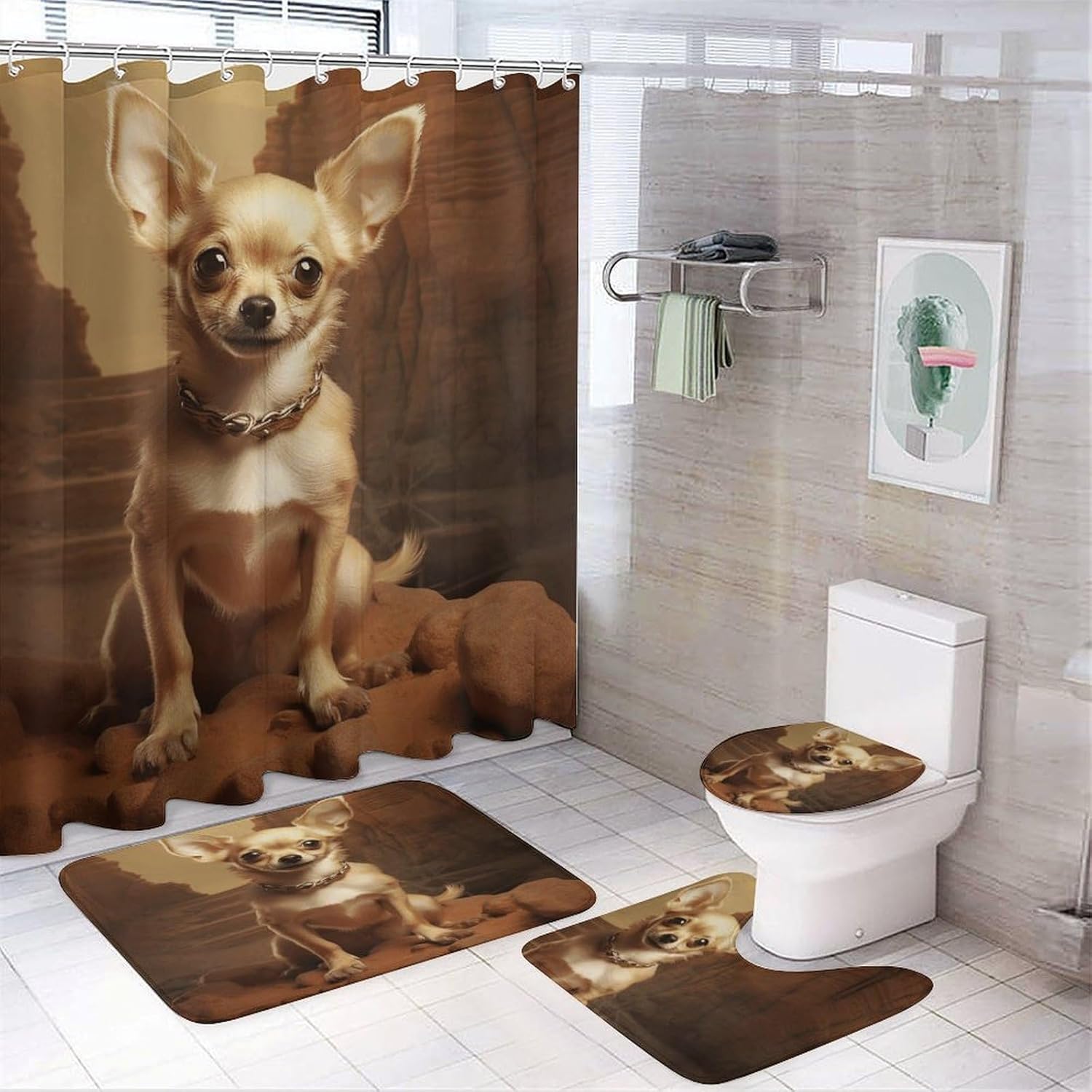 4-piece Bathroom Set with Waterproof Shower Curtain, Non-Slip Absorbent Rug,Chihuahua on The Hillsideprinting and Toilet Seat Cover - Bathroom Accessories and Decor for Modern Homes, with Hooks