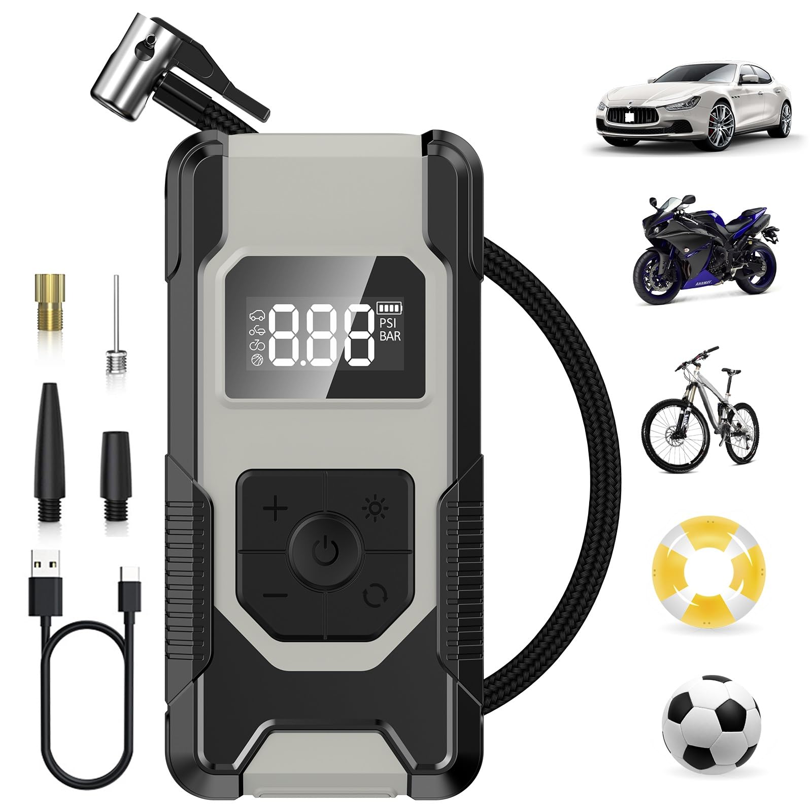 Portable Tire Inflator, 160PSI High Power Cordless Air Pump for Car Tires with Accurate LCD Display, 3X Faster Inflation Electric Bike Pump Tire Pump for Car, Motorcycle,Bike, Ball