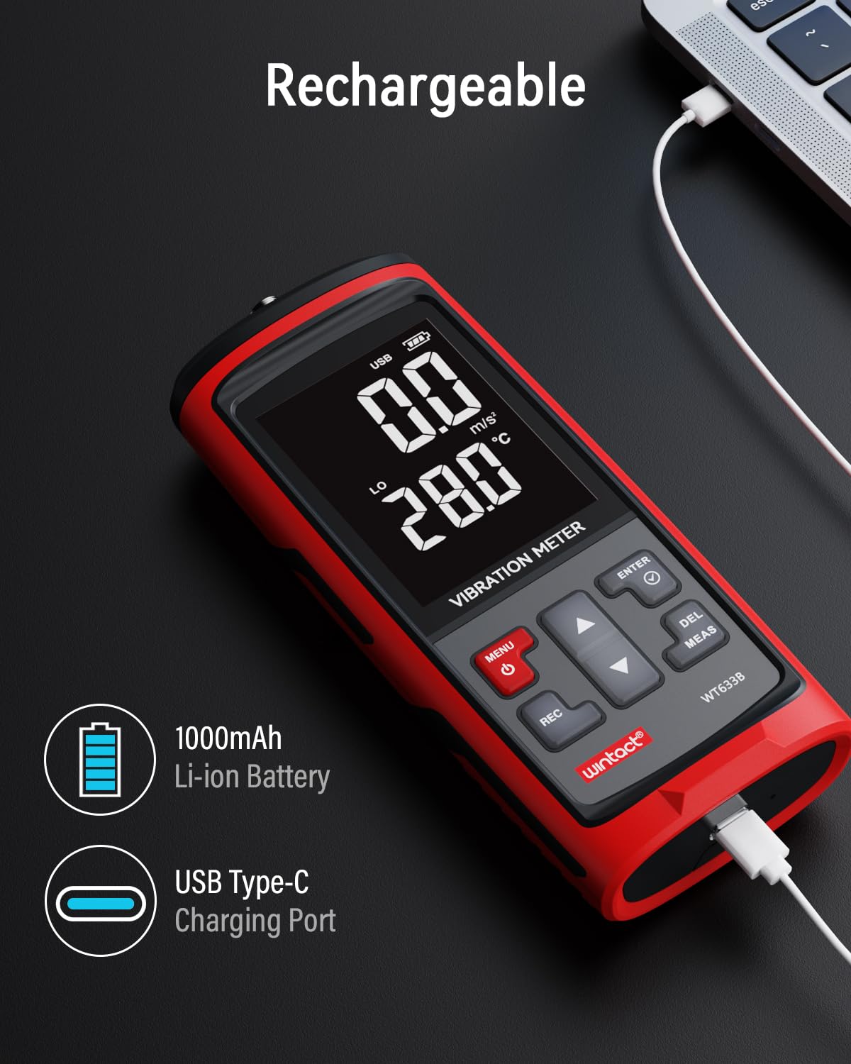 Vibrómetro Wintact WT633B, análisis de vibración mecánica, aceleración, velocidad, desplazamiento, temperatura