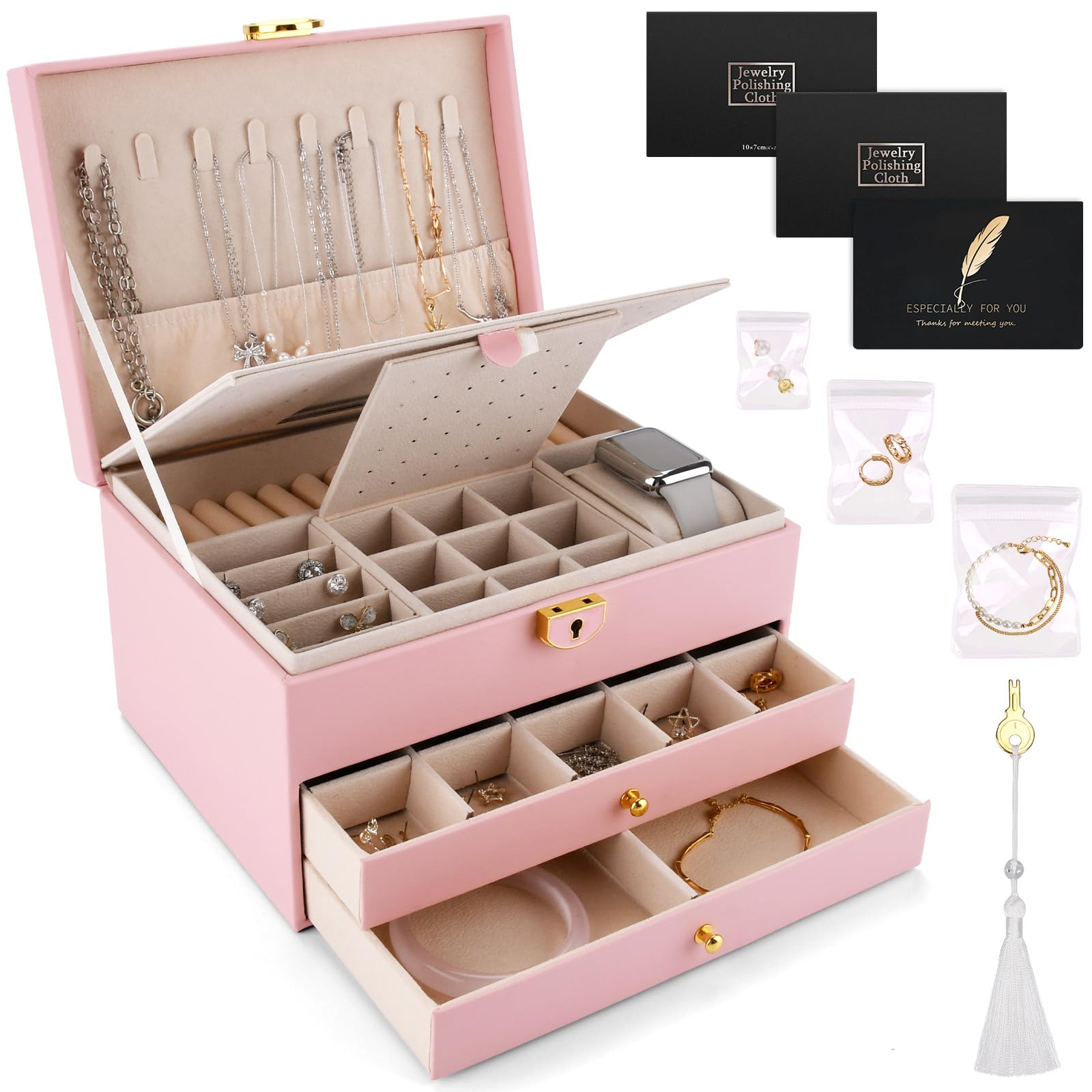 Joyero de 3 niveles con 2 cajones, organizador de joyas, cojín para relojes, cerradura y llave