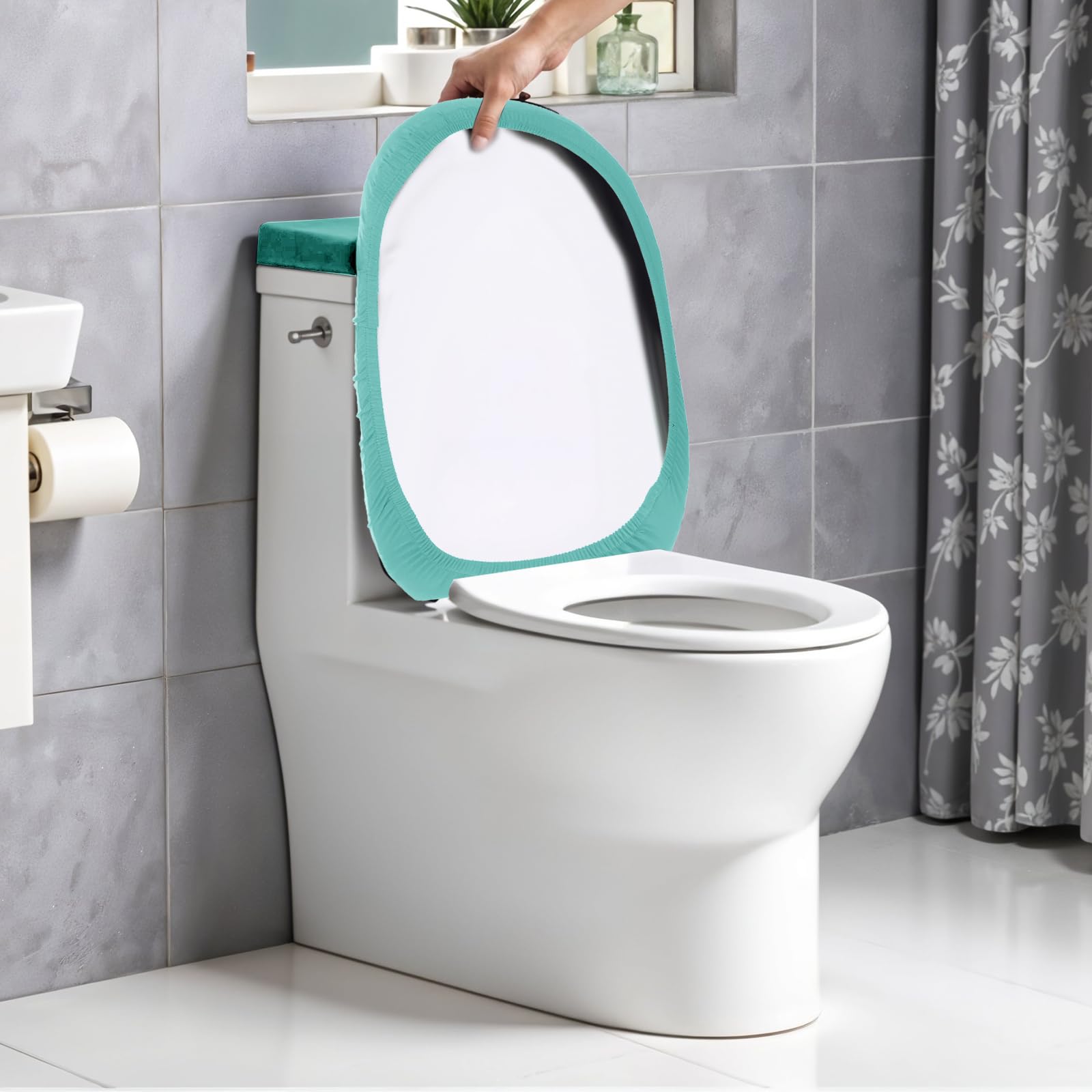 Framendino WC-Deckelbezug & Tankabdeckung – Dehnbar, Aus Polyester, Maschinenwaschbar, Salbeigrün