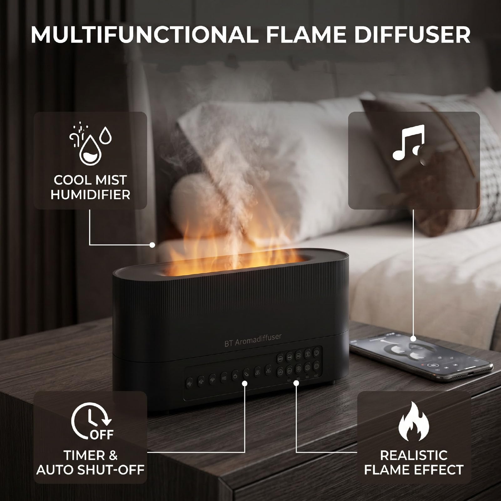 Diffusore di Oli Essenziali con Umidificatore a Fiamma, | Dispositivo a Nebbia Fresca Ultrasonica, Rumore Bianco e Speaker per Yoga