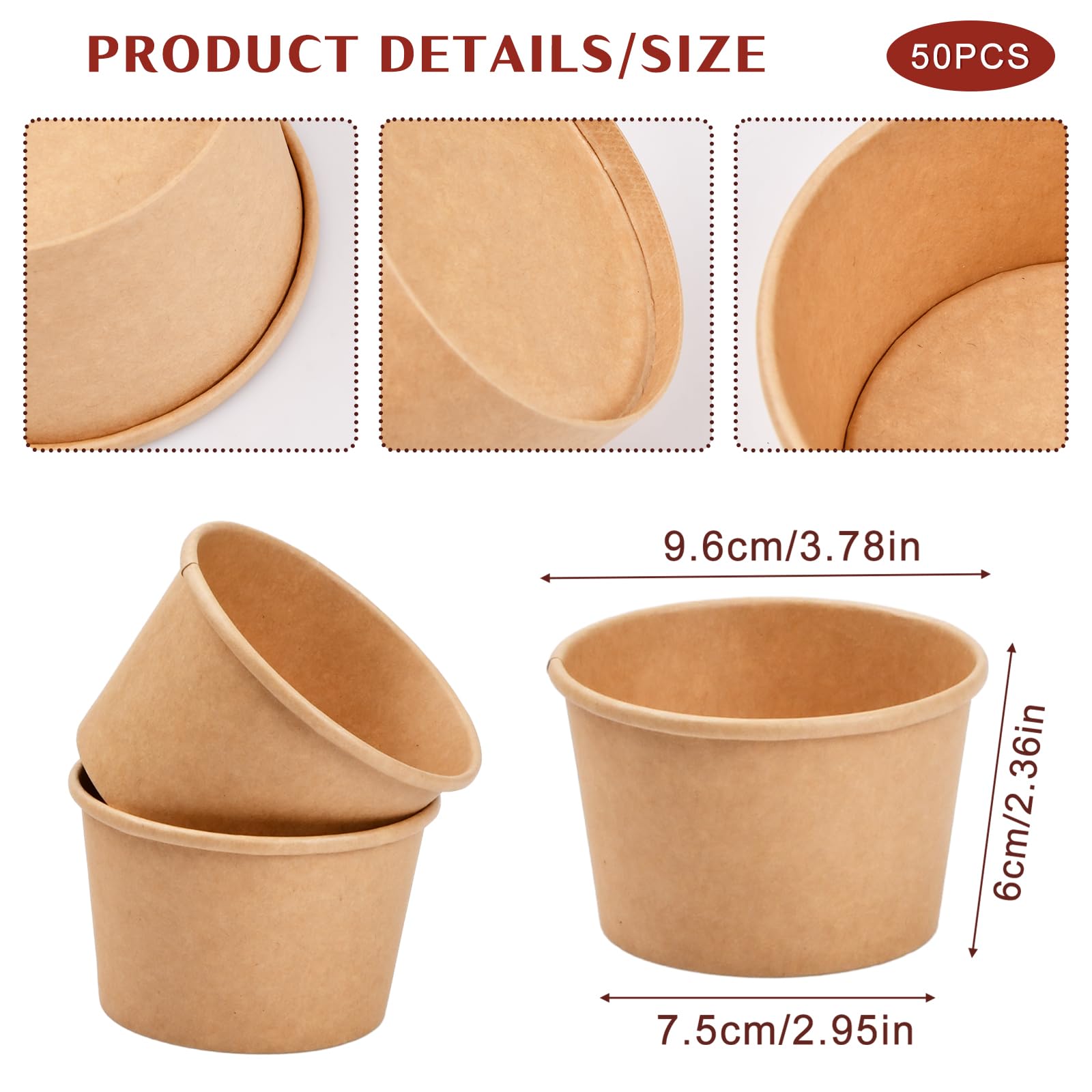 Ciotola di Carta Kraft per Zuppa da Asporto 230ml, 50 Pezzi Contenitore per Gelato Insalata Sandwich