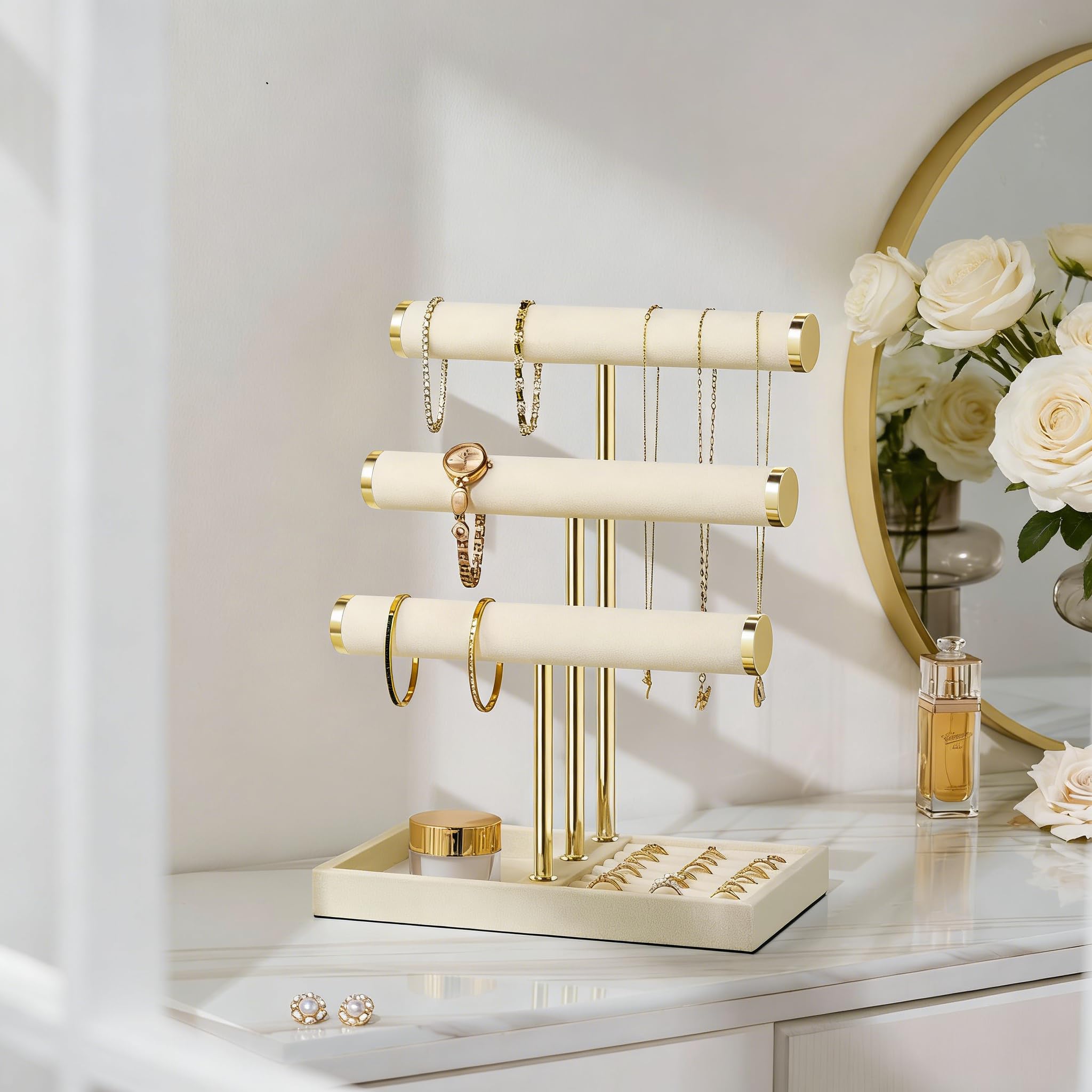 Josmimic Organizador de Joyas 3 Niveles - Grande Expositor Beige para Pulseras, Expositor con Barra en T Extraíble, Soporte de Terciopelo para Pulseras, Collares, Relojes y Anillos