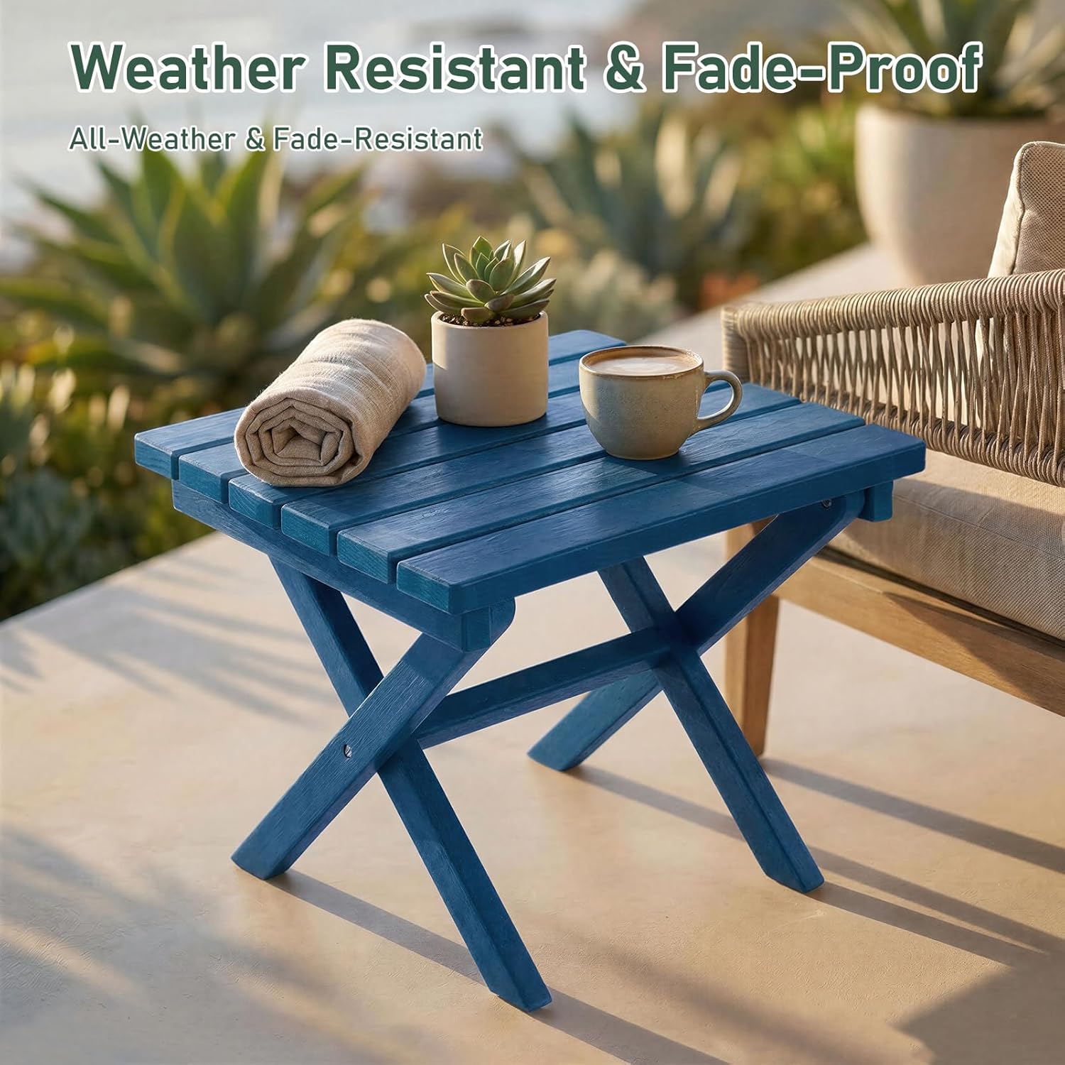 Furnimart 18" Square Foldable Side Table for Outdoor & Camping, Extra-Thick HDPE Weather-Resistant Small Coffee Table, Portable Blue Outdoor End Table for Balcony Poolside Space Saving(Blue)