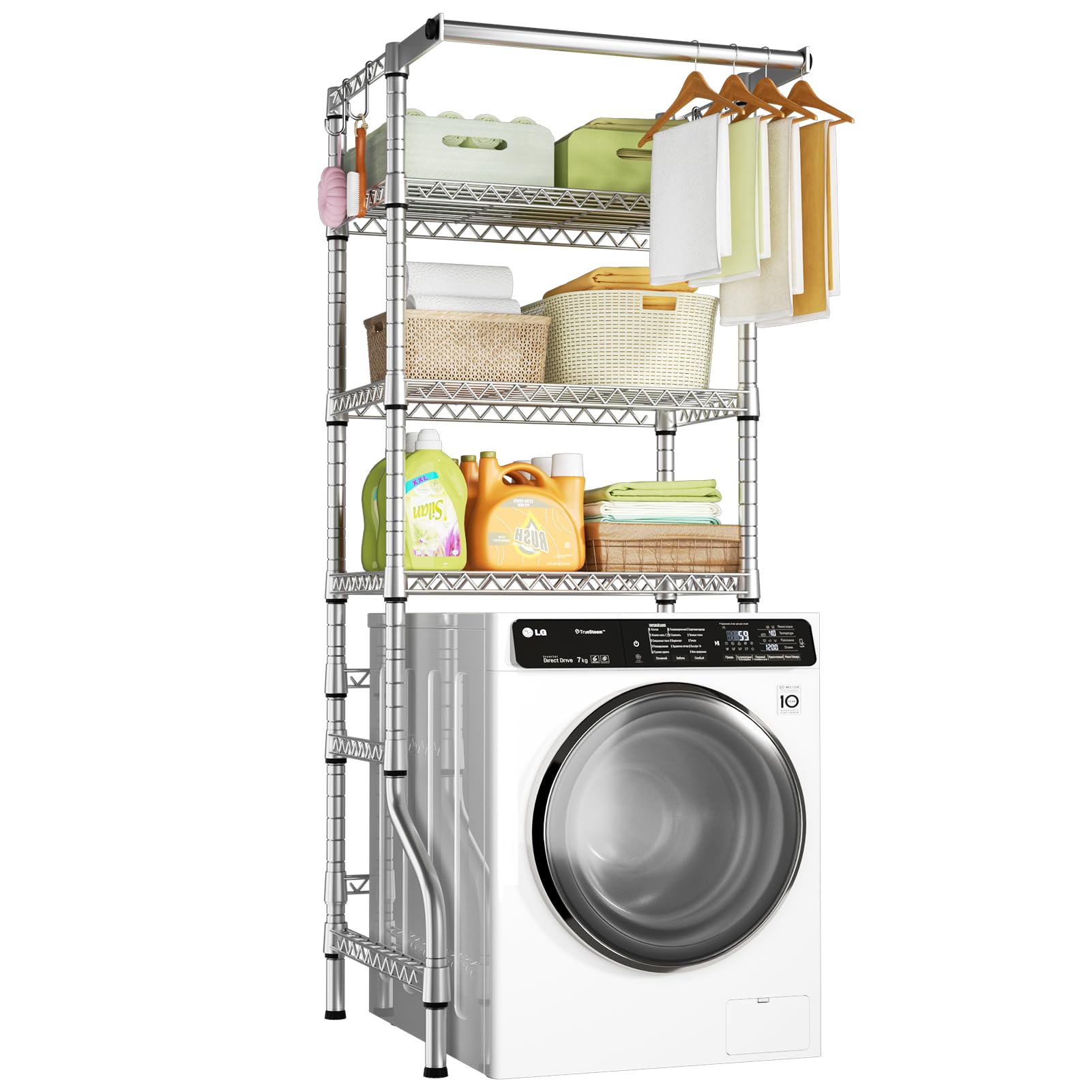 Photo 1 of Ulif U11 Mini Over Washer and Dryer Shelves, 3 Tiers Laundry Room Storage and Organizer Standing Shelf, Metal Freestanding Clothes Drying Rack, 28.3" W x 19.7" D x 77.6" H, Chrome