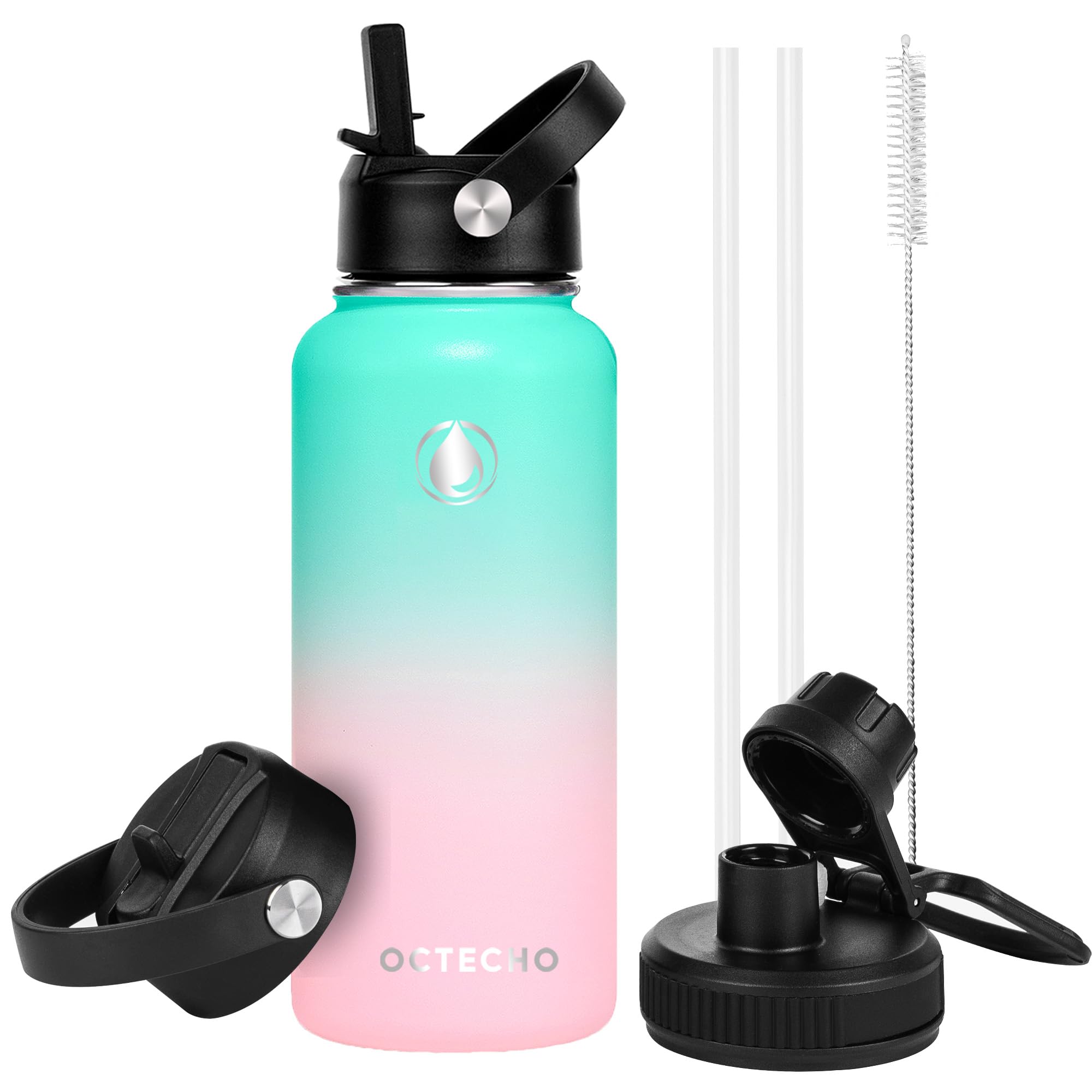 OcTecho Metal Water Bottle with Straw, 1L Stainless Steel Water Bottle 2 Leakproof Lid