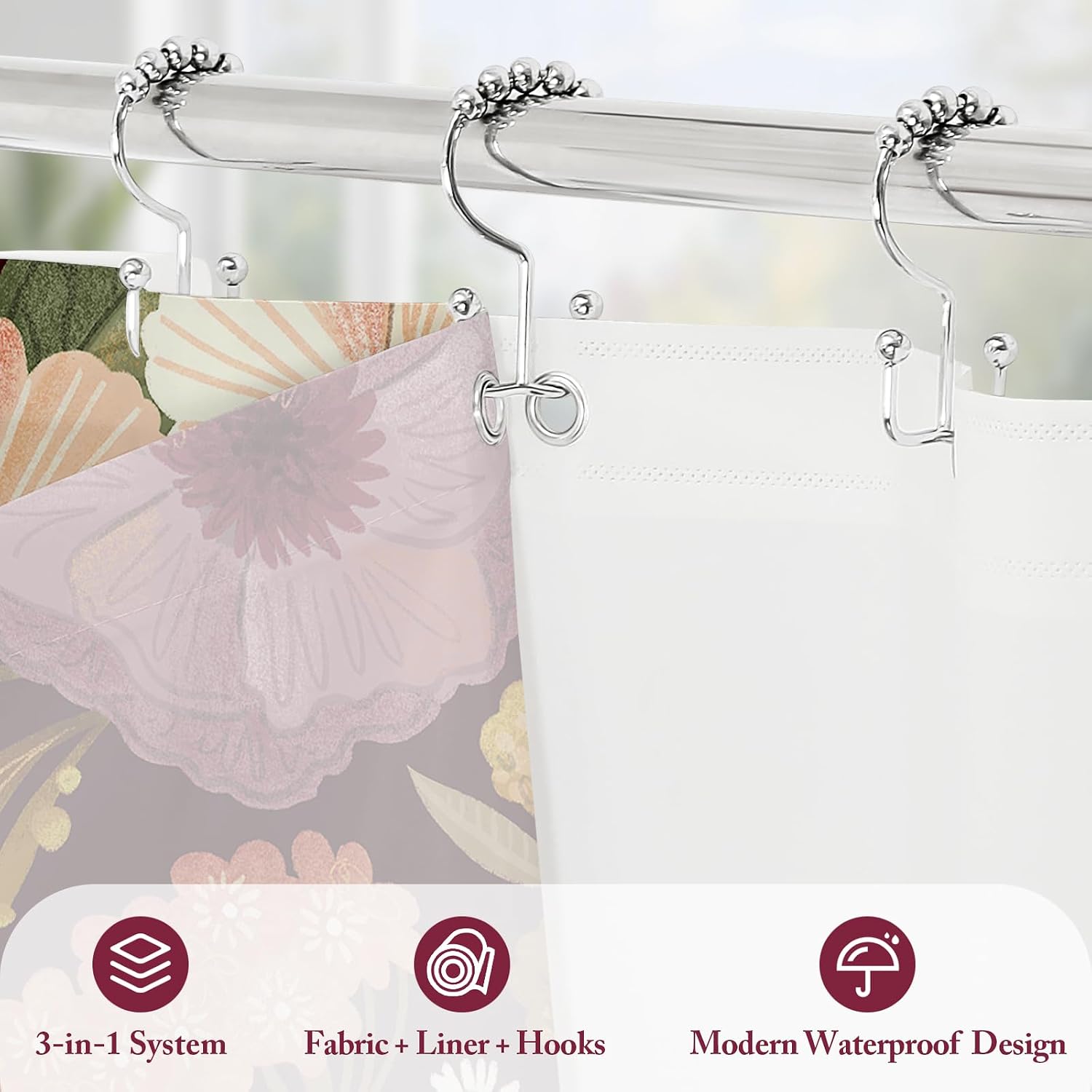 3 in 1 Boho Purple Shower Curtain Set with PEVA Liner & 12 Hooks, 72 x 72