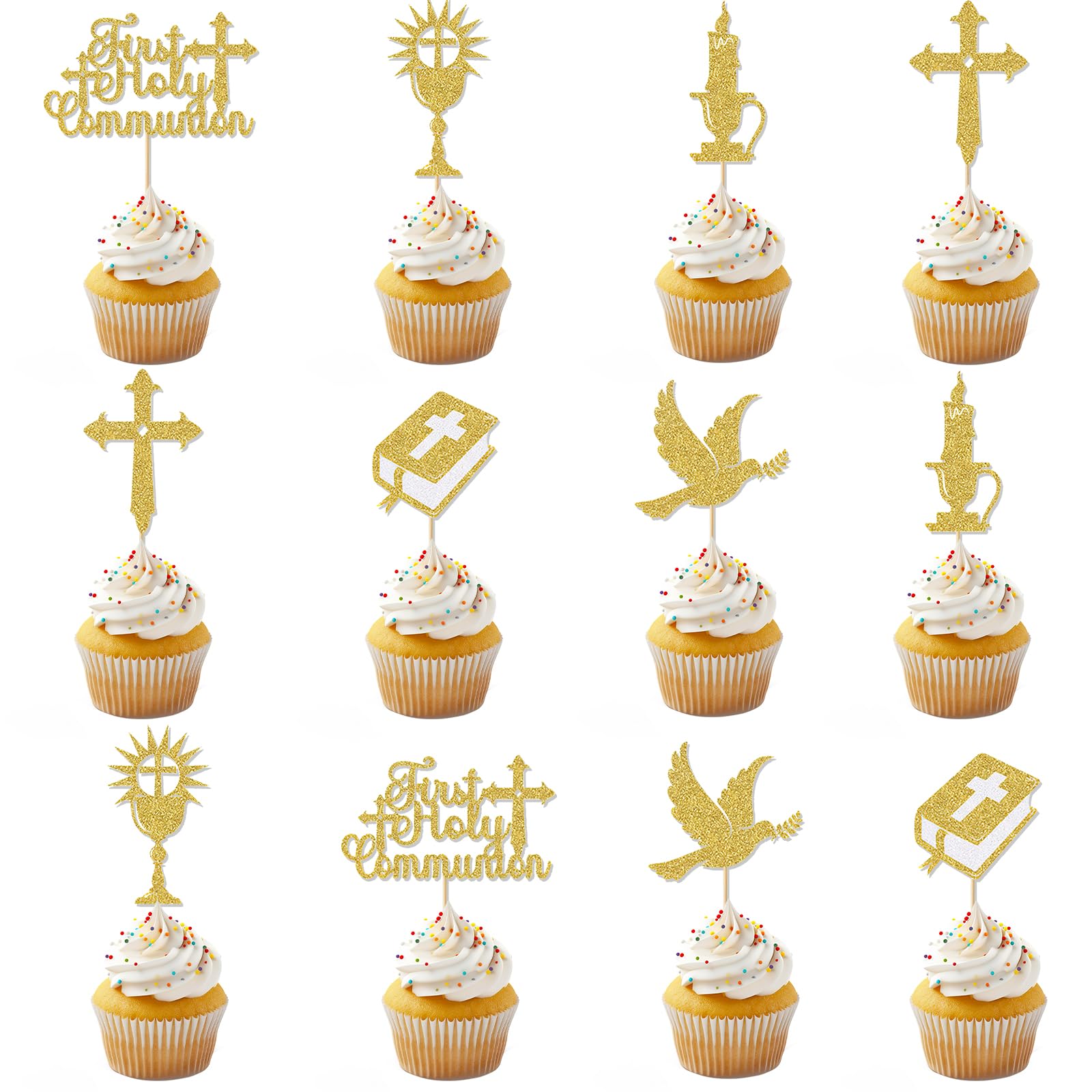 12 Pcs First Holy Communion Cake Glitter Topper, Christian Christening Cake Topper, Holy Communion Decorations, Gold God Bless Dove Cross Cakes Topper for Baby Shower Christian Party Decoration Suppli