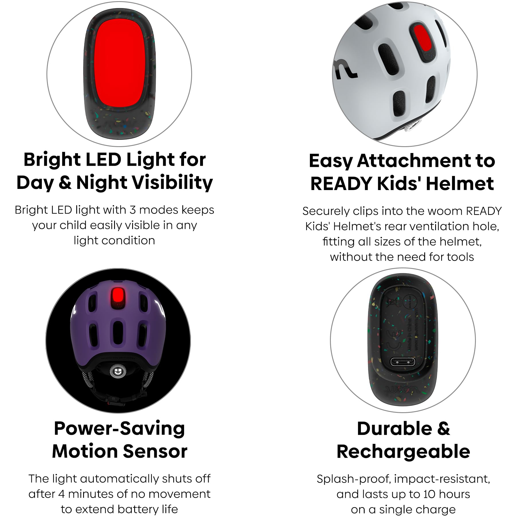 woom Luce per casco pronta, luce posteriore a LED ricaricabile, accessorio per casco pronto per bambini, luce di sicurezza ad alta visibilità con 3 modalità e spegnimento automatico, per ragazzi e