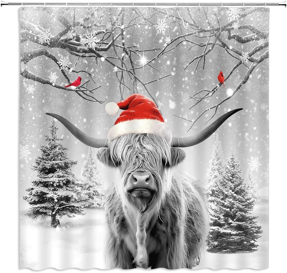Christmas Highland Cow Shower Curtain Farmhouse Funny Western Cow with Xmas Hat Red Bird Winter Forest Snow Pine Tree Snowflake Natural Scene Fabric Bathroom Decor Curtains with Hooks,70 x 80