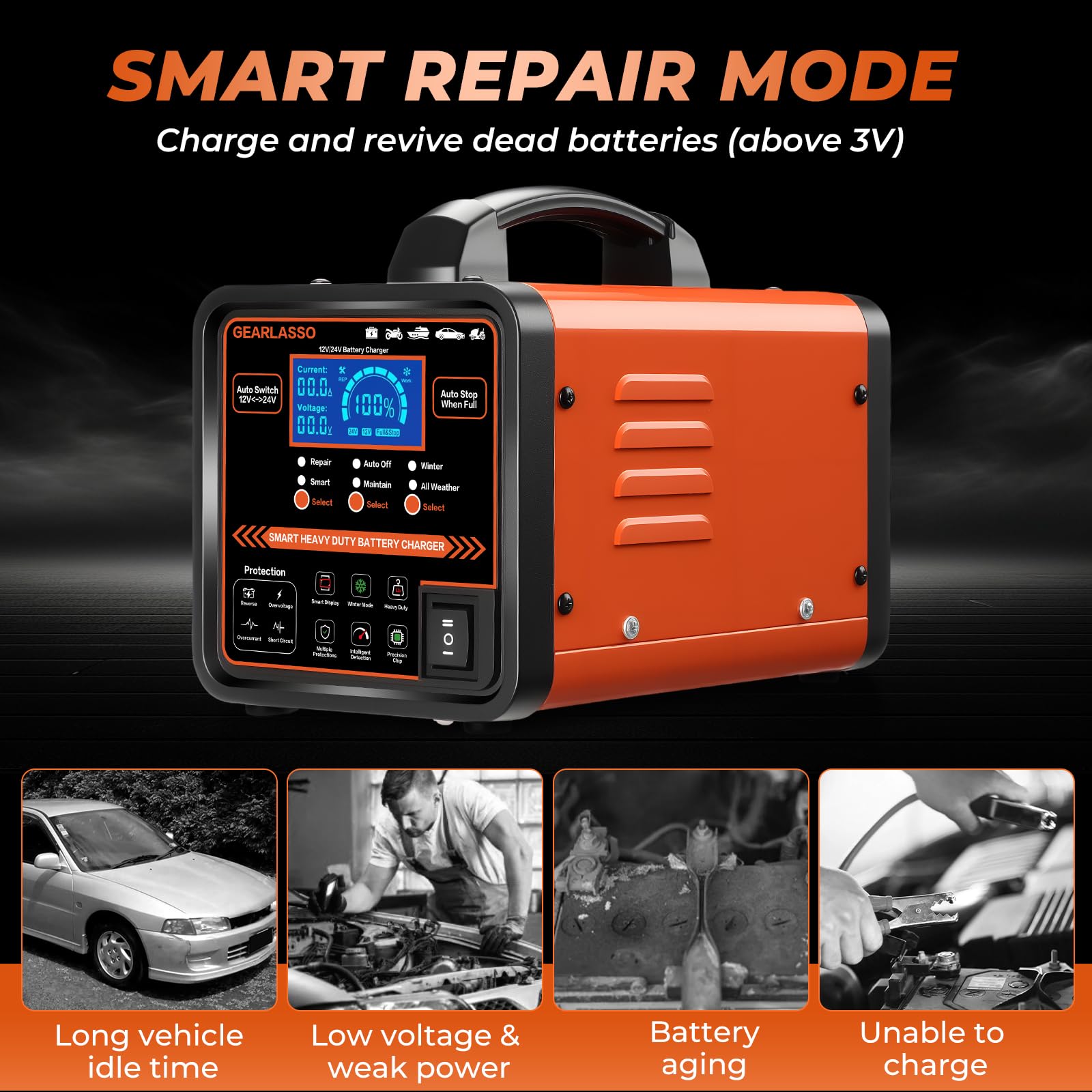 Caricabatterie per auto da 12 V 24 V, resistente, manutenzione automatica della batteria 0-15 A, caricabatterie intelligente con spegnimento automatico, riparazione, modalità invernale, per
