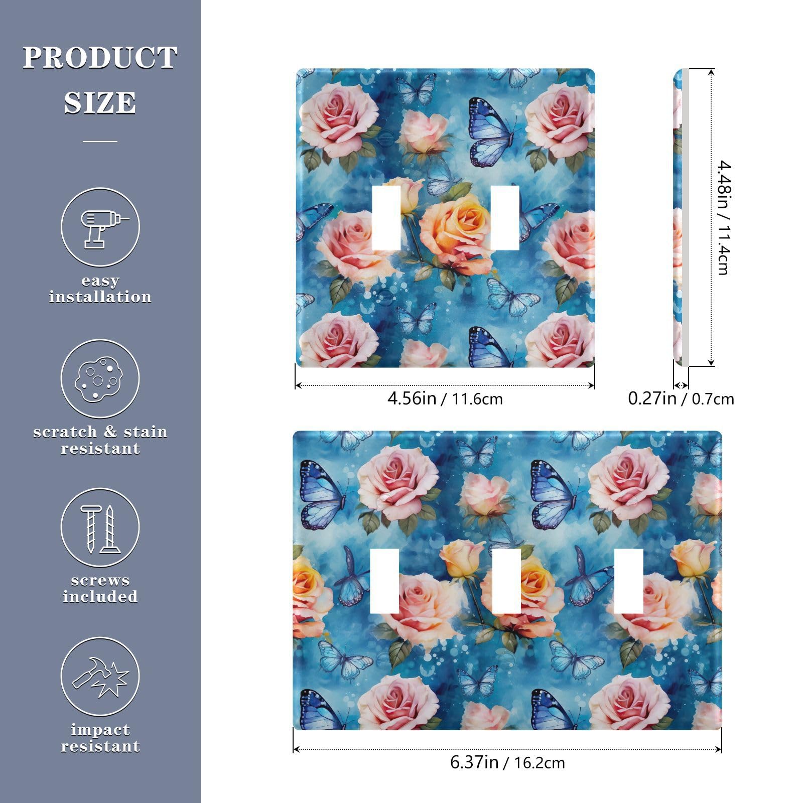 Light Switch Cover Blue Butterfly Pink Flower Wall Plates for Electrical Outlets 3 Gang 202b2586