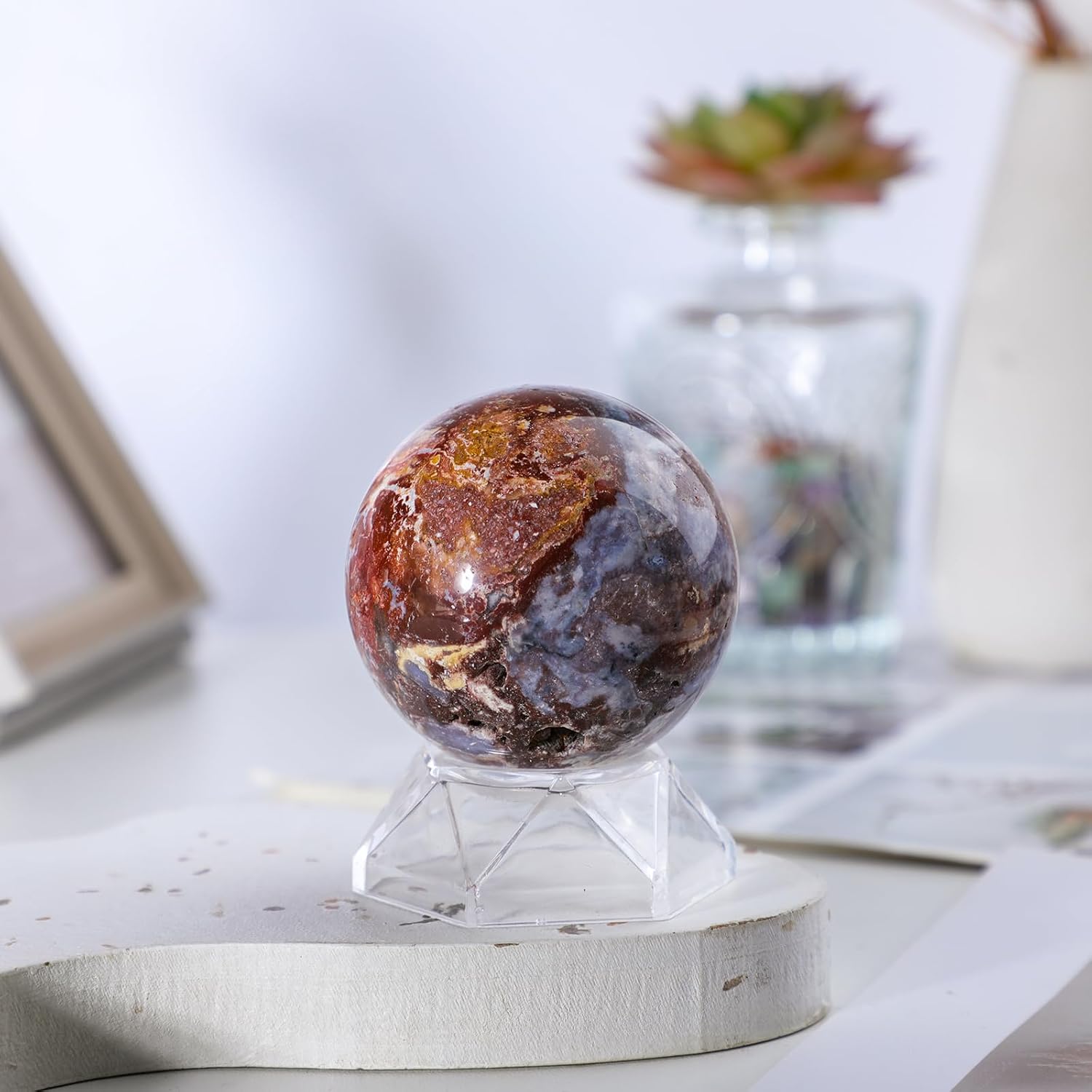 SUNYIK 2.4-2.75" Healing Mexican Agate Crystal Ball with Acrylic Stand, Natural Stone Sphere Orb Sculpture Figurine for Divination Meditation Yoga Chakra Balancing Home Office Decor