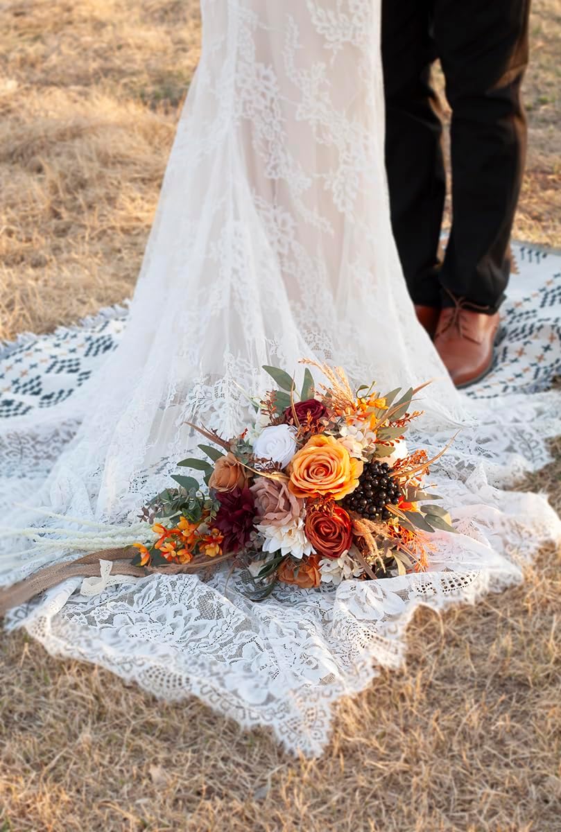 12 Inch Cascade Wedding Bouquets for Bride, Fall Burnt Orange Cascading Bridal Bouquet for Wedding Silk Artificial Flowers