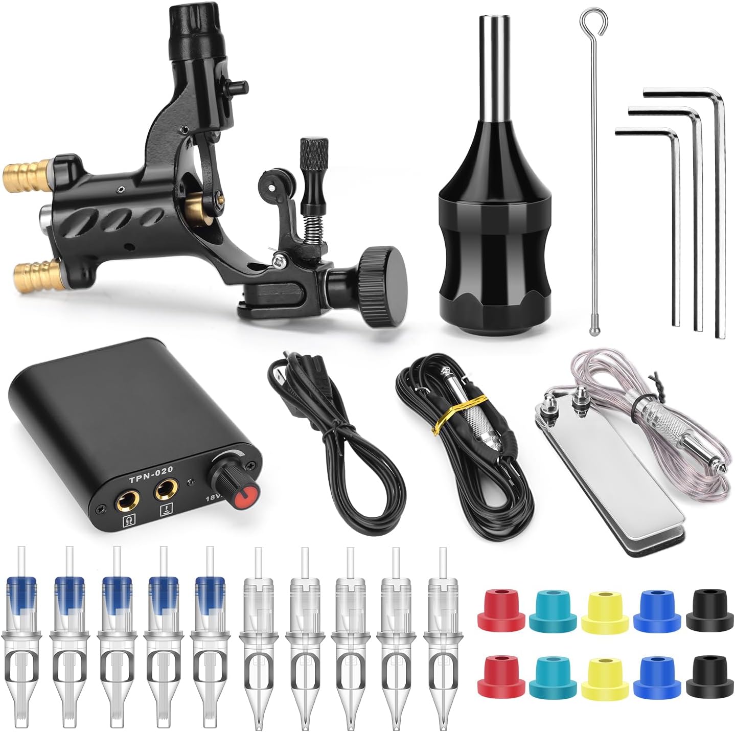 Rotary Tattoo Machine Kit, ATOMUS Tattoo Motor Gun with Power Supply Foot Pedal Clip Cord Handle Grip 3RL 7M1 Cartridge Needles Grommets Tattoo Liner Shader Kit