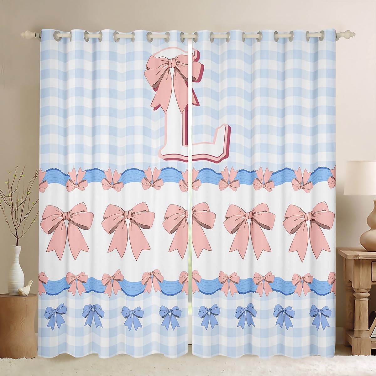 Castle Fairy Initial Letter L Blackout Window Drapes,Pink Bowknot Princess Style Home Decor Curtains,Lovely Bow Tie Blue Checkered Durable Blackout Window Drapes for Kids Gifts,2 Panels, 38Wx54L inch