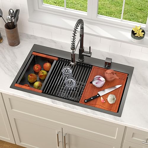 Dcolora 33x19 Black Kitchen Sink Drop In with Workstation Handed-Welding