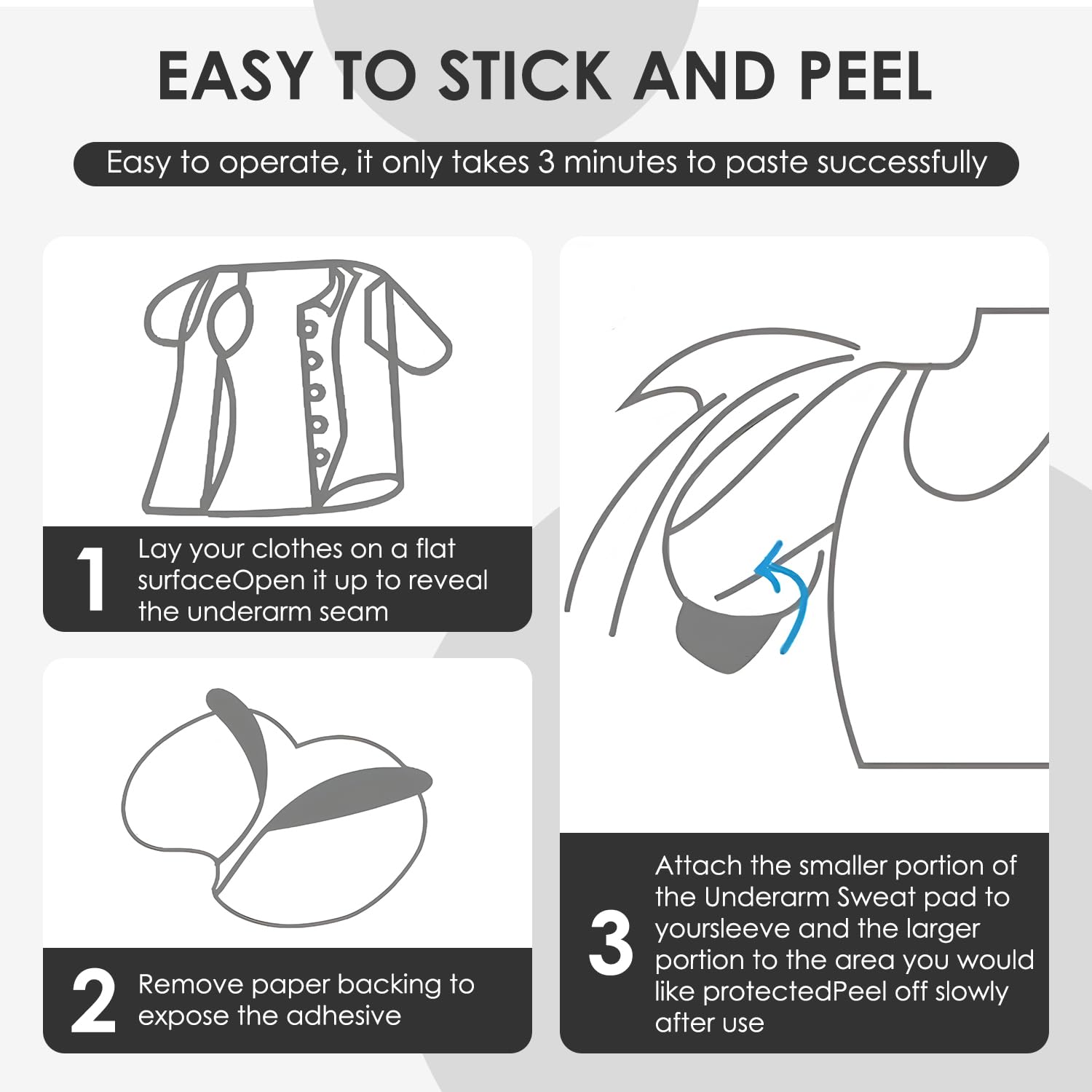 Almohadillas de sudor de 60 pcs, almohadilla de sudor absorbente de axila negra no tejida, adhesivo extra fuerte para hombres, camisas de mujeres, blusas