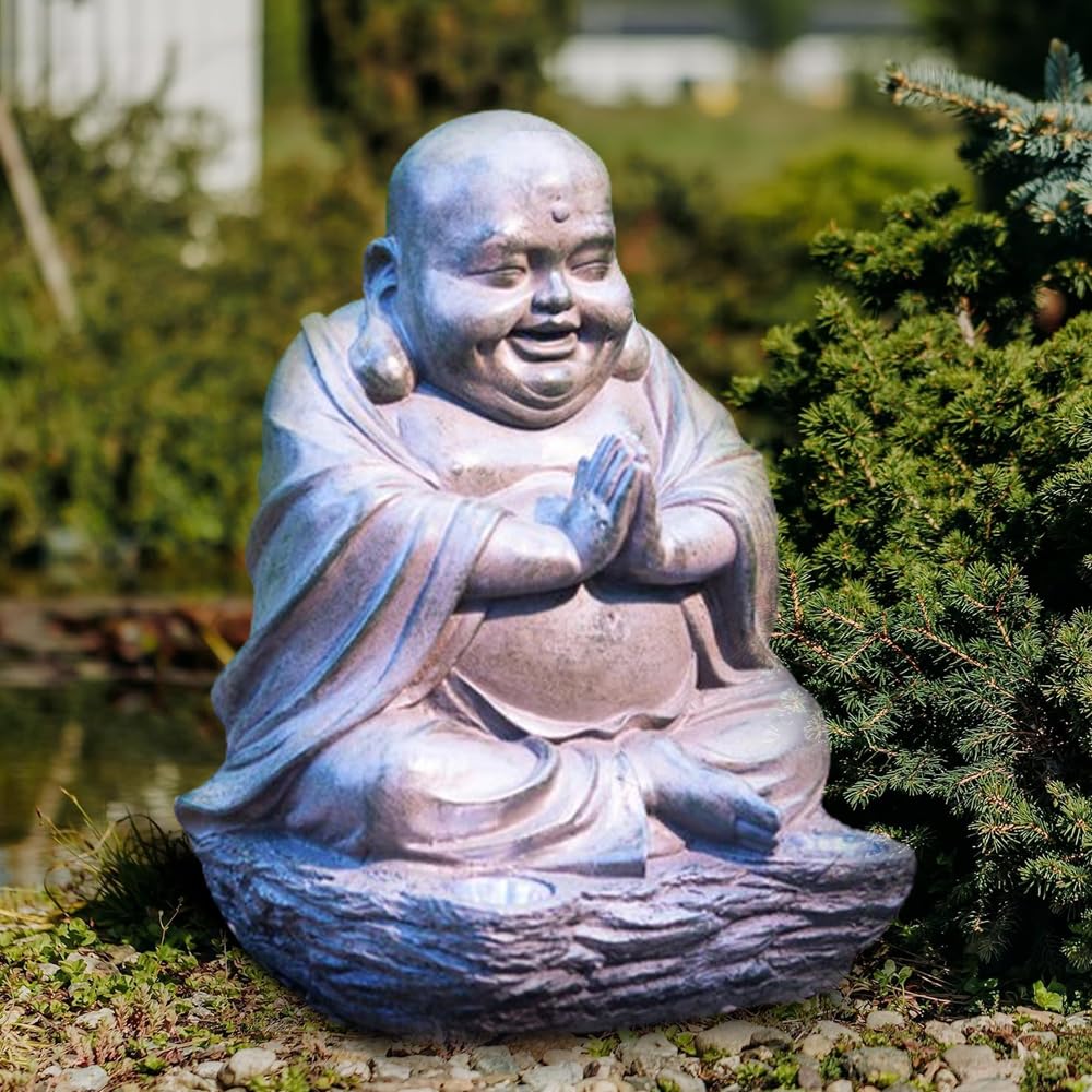 Bonafide Bronze Happy Buddha Ornament With Solar Light, Solar Garden Sitting Buddha Ornament Stone Or Effect, Garden Ornaments Outdoor, Decorations For Garden