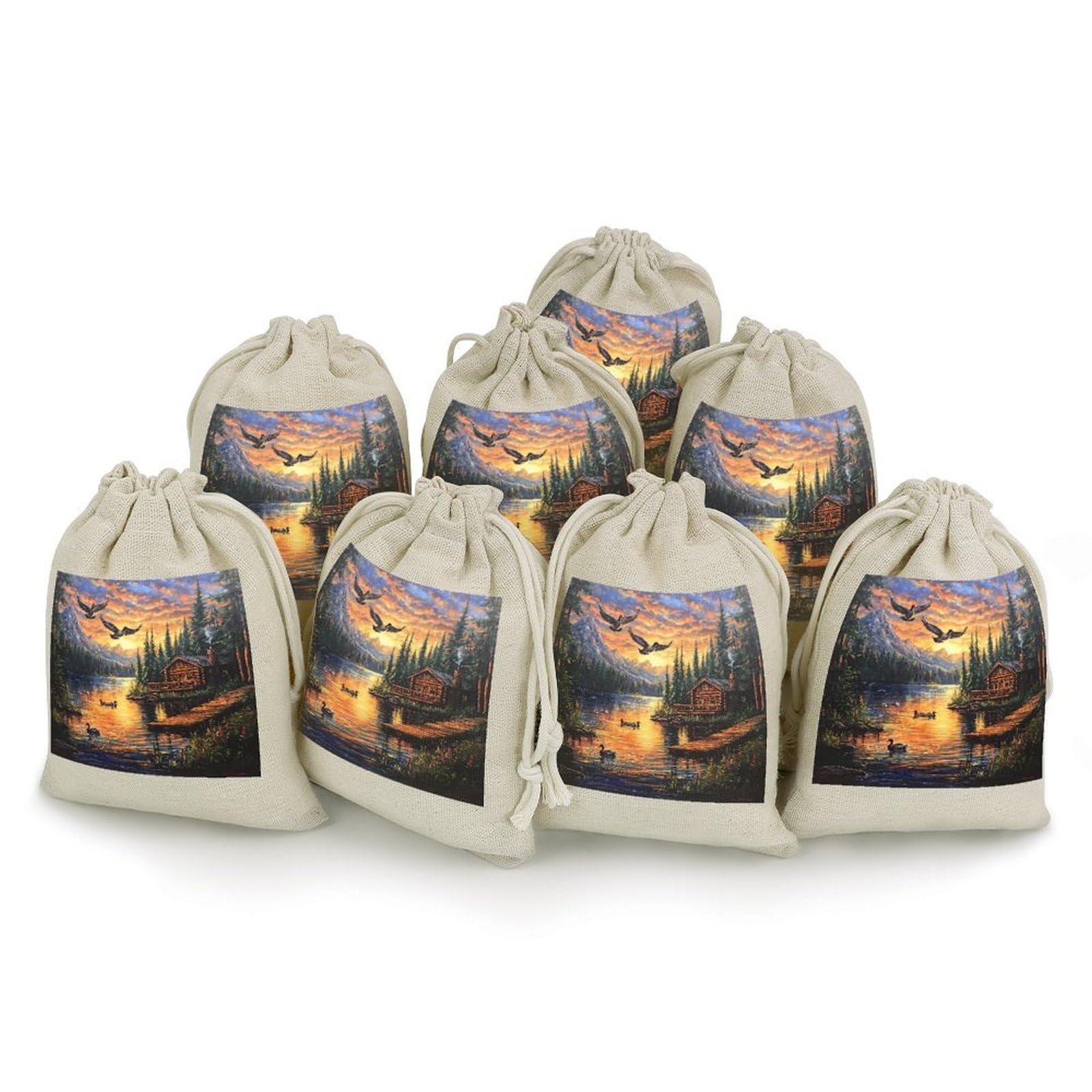 Mountain Sunset Wooden House Ducks 8 Pack Small Gift Bags Cotton And Linen Drawstring Pockets Sachet Bag for Party Home Supplies