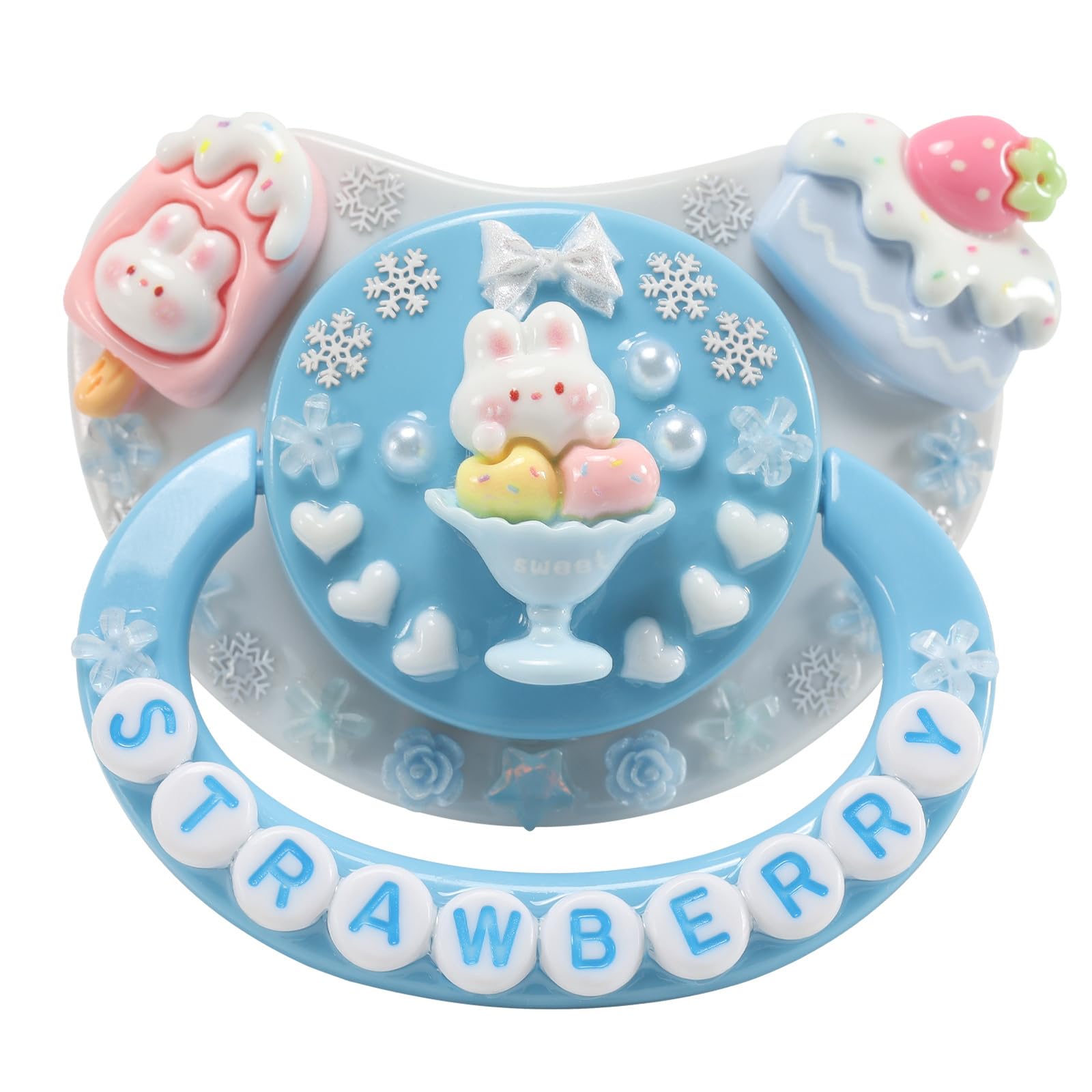 CutiePlusU Adult Dummy - Hand-Decorated Soothing Dummy for Better Sleep & Stress - Large Shield with Kawaii Design - Sweet Angel- Strawberry Ice cream