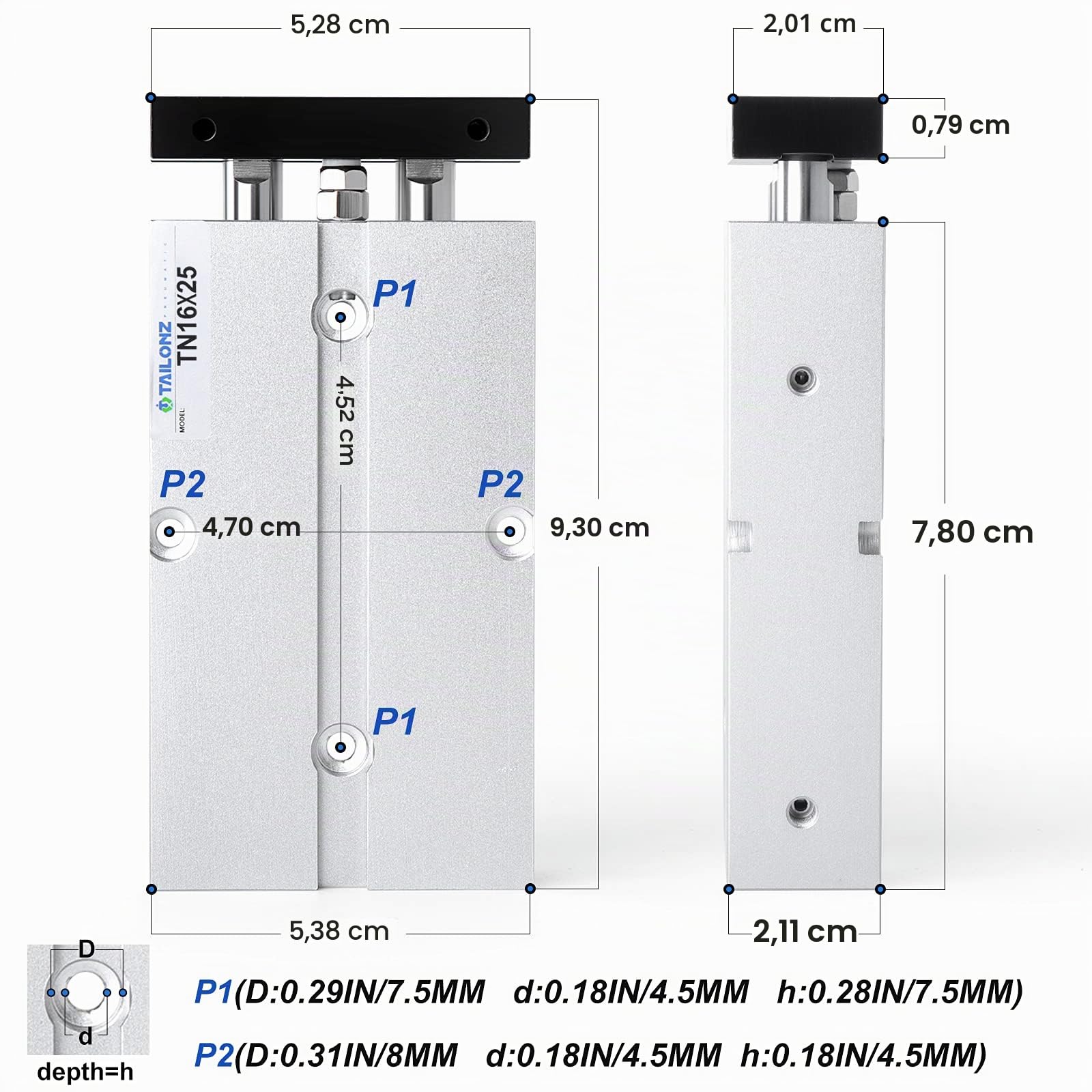 TAILONZ PNEUMATIC 16mm Bohrung 25mm Hub Doppelstange Doppeltwirkend Aluminium Druckluftzylinder TN16-25