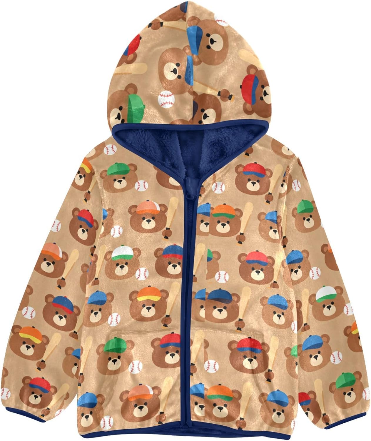 Baseball Bears with Bats Pattern Toddler Winter Jackets Children Plush Outerwear Navy Blue Baby Boy Clothes