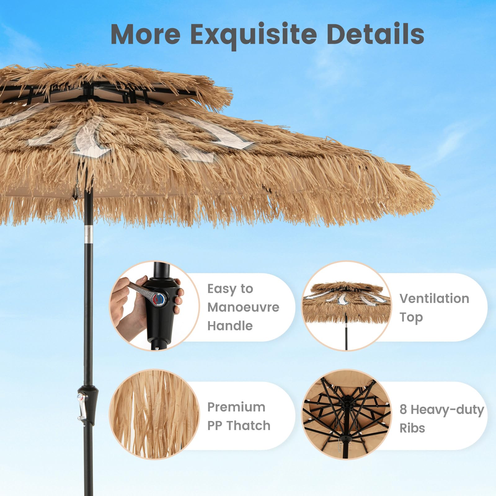 FANTASK Parasol przeciwsłoneczny Hawaii z 2-stopniową regulacją wysokości, doskonałe zacienienie UV, słomiany parasol z podwójnym dachem, odchylany parasol ogrodowy, brązowy, 270CM, Tropikalny