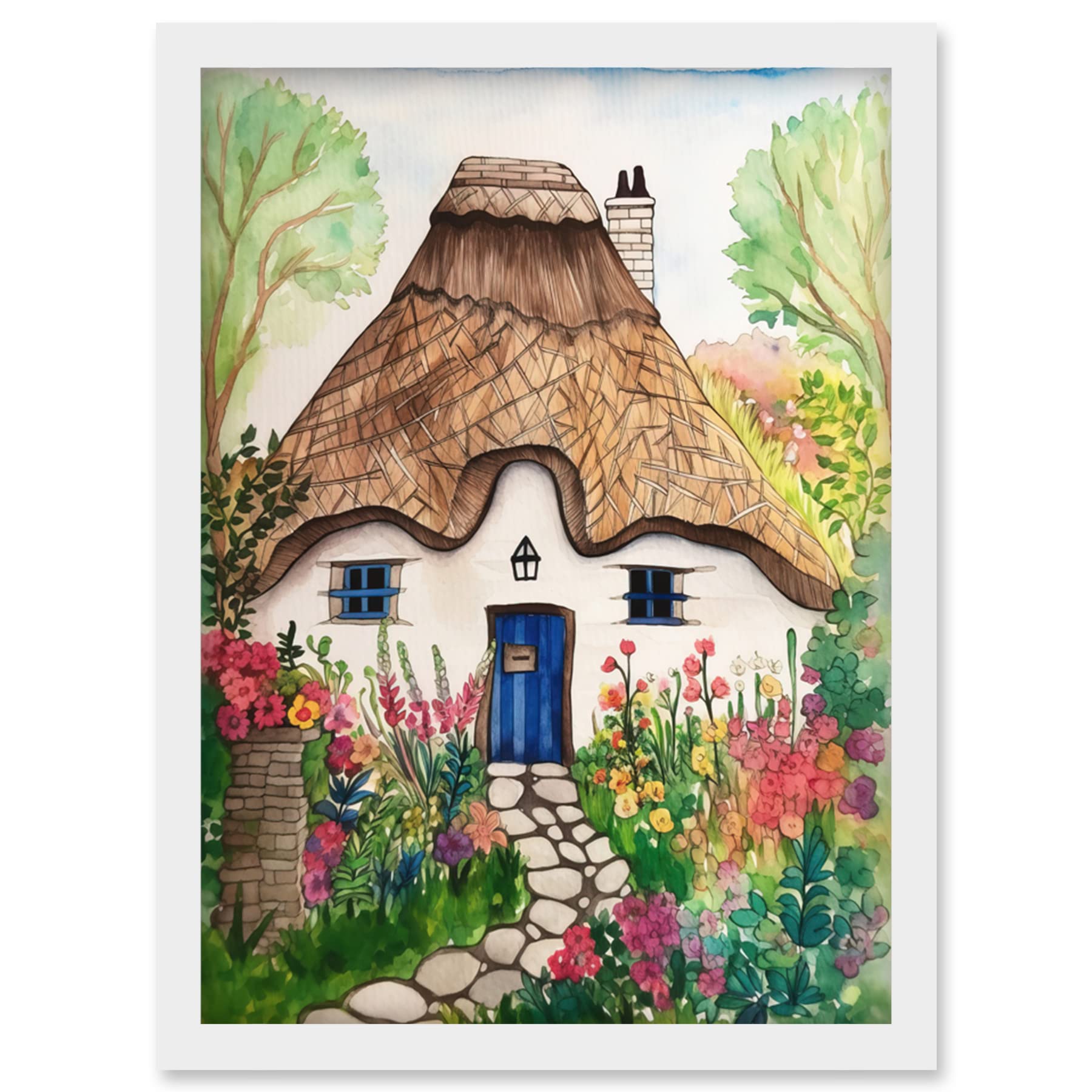 Artery8 The Cottage In The Forrest Flowers Folk Art Artwork Framed Wall Art Print A4