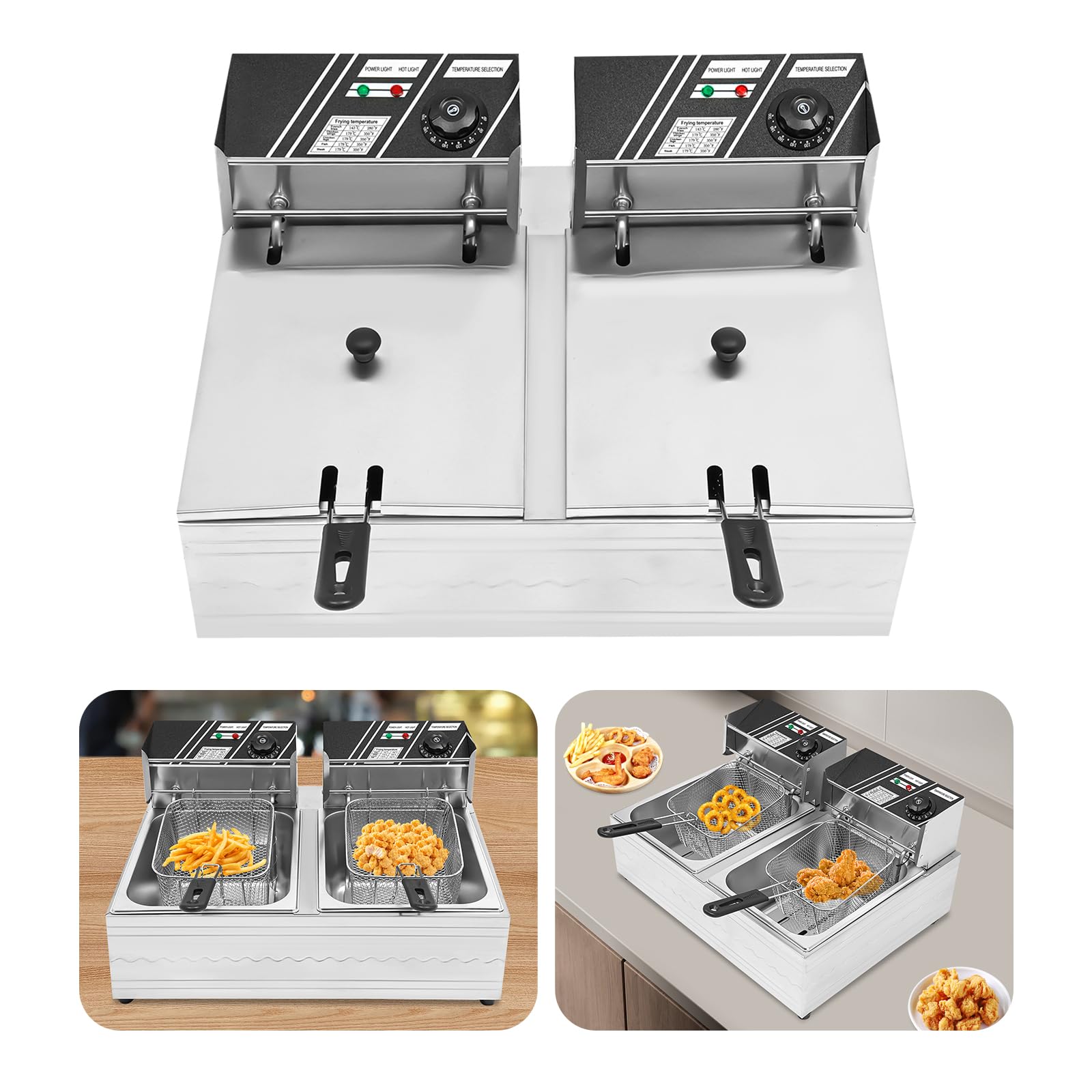 Friggitrice elettrica, 2 x 6 l, doppia friggitrice elettrica da 5000 W, in acciaio inox, doppia con cesto, per uso domestico, spuntino, ristorante, uso commerciale