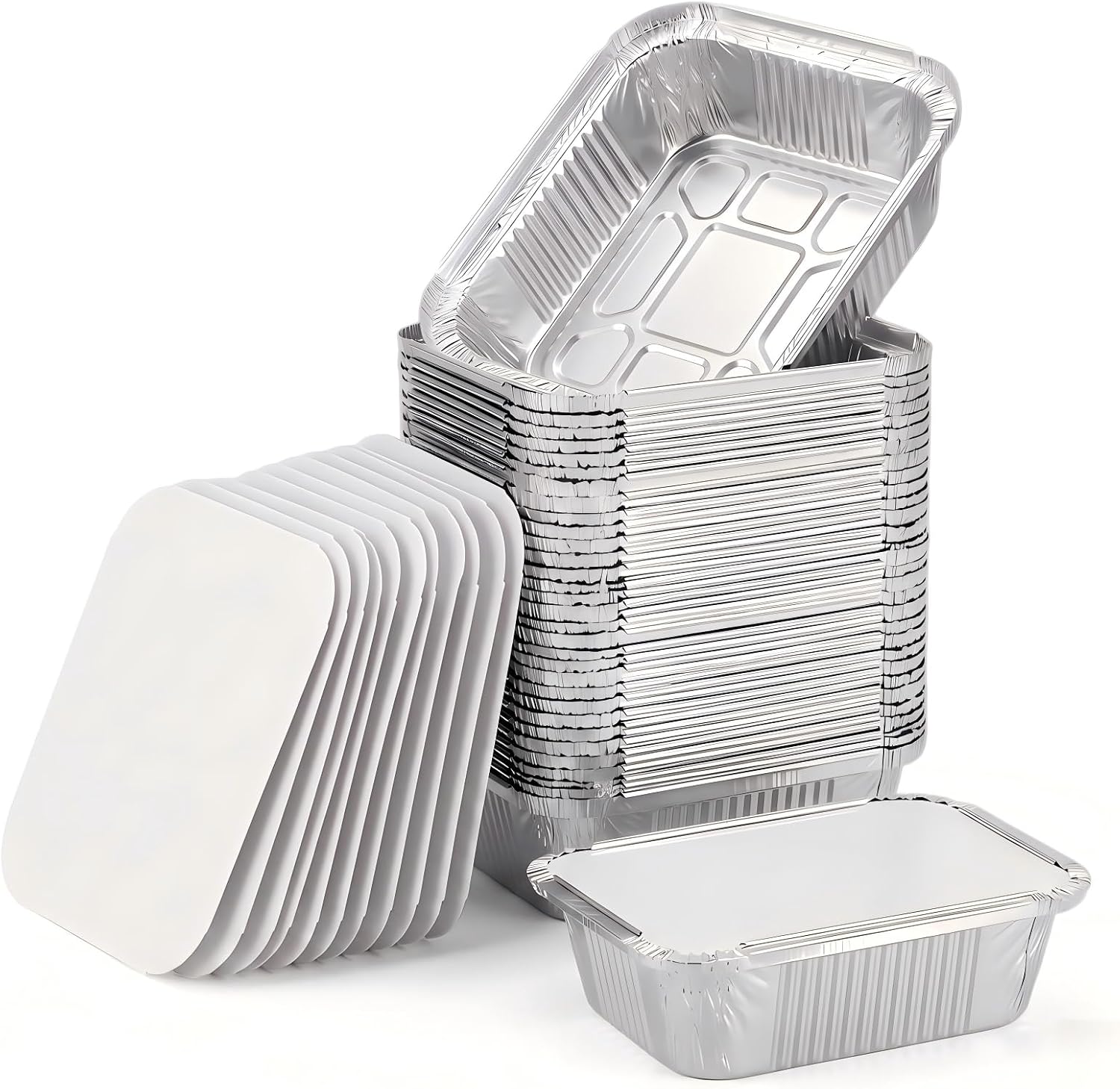 50 Pack 1lb Aluminum Foil Pans with Cardboard Lids, 5.5"x4.5"