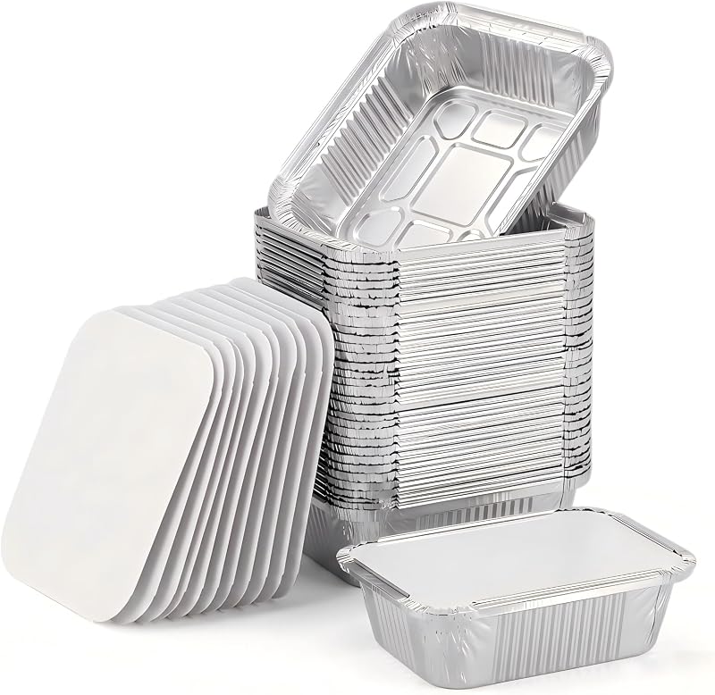 50 Pack 1lb Aluminum Foil Pans with Cardboard Lids, 5.5"x4.5" | Disposable foil containers, small tin trays for meal prep, baking, catering, food storage