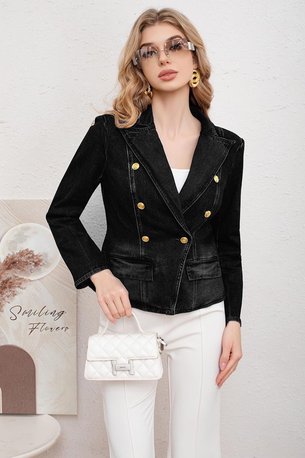 utcoco Women's Notched Lapel Double Breasted Denim Blazer Trendy Casual Slim Fit Long Sleeve Jean Jacket - Image 6