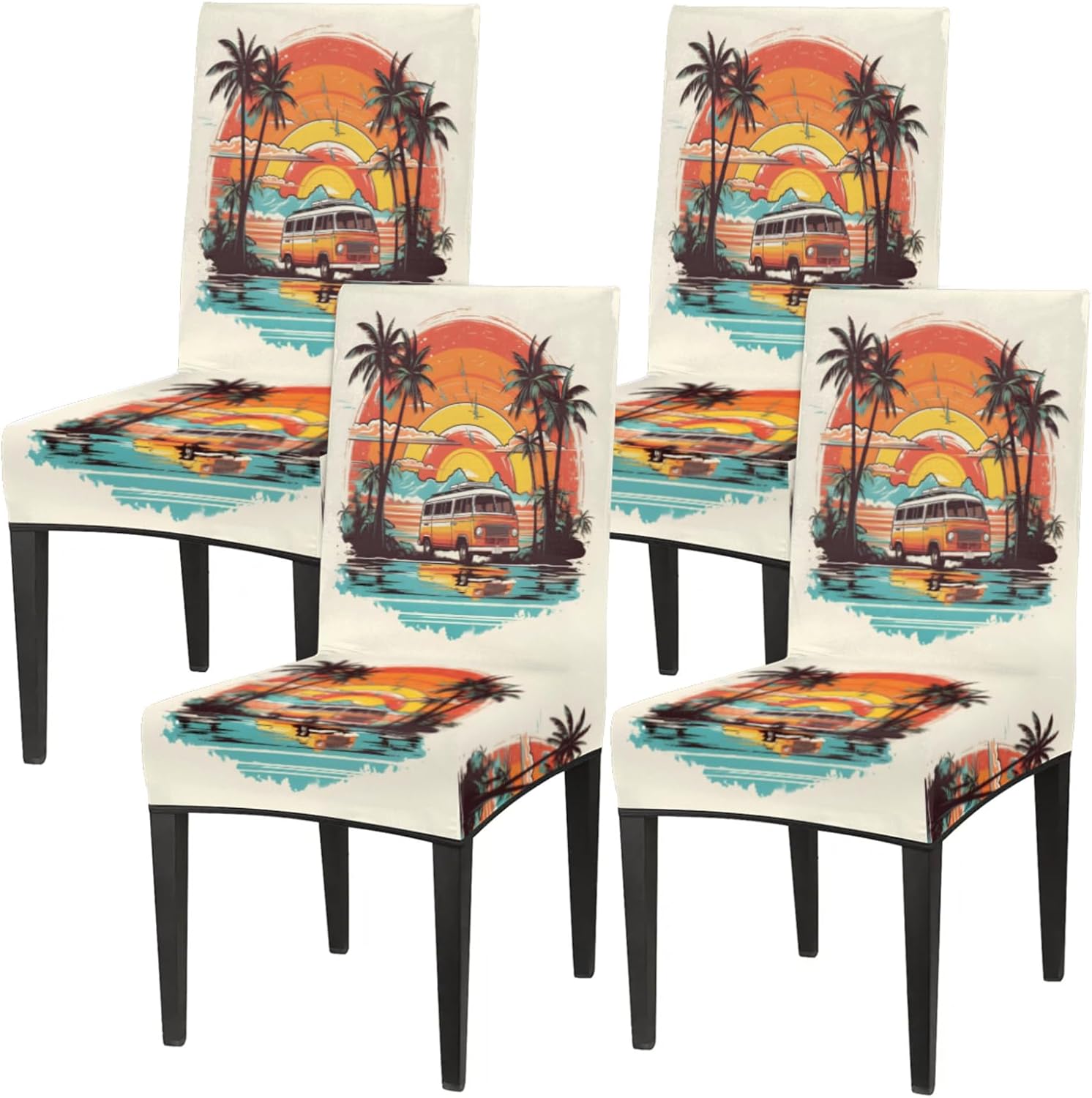 QsirBC Watercolor Car Coconut Tree Stretch Dining Room Chair Covers Set of 6 Chair Slipcovers Removable Washable Kitchen Seat Covers Chair Protectors for Hotel Party Wedding