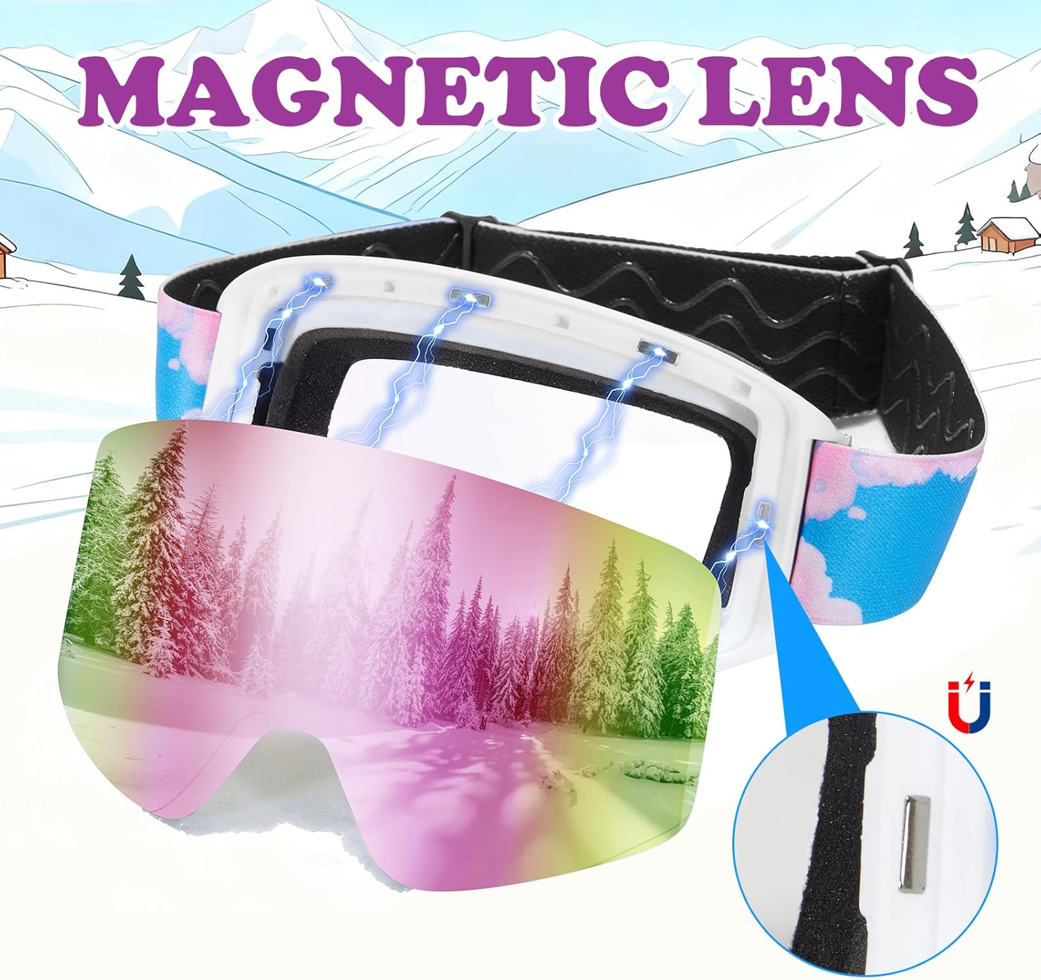 Kids Ski Goggles, Magnetic Child Snowboard Goggles OTG Snow Sports Goggle for Boys Girls UV400 Anti Fog - Image 3