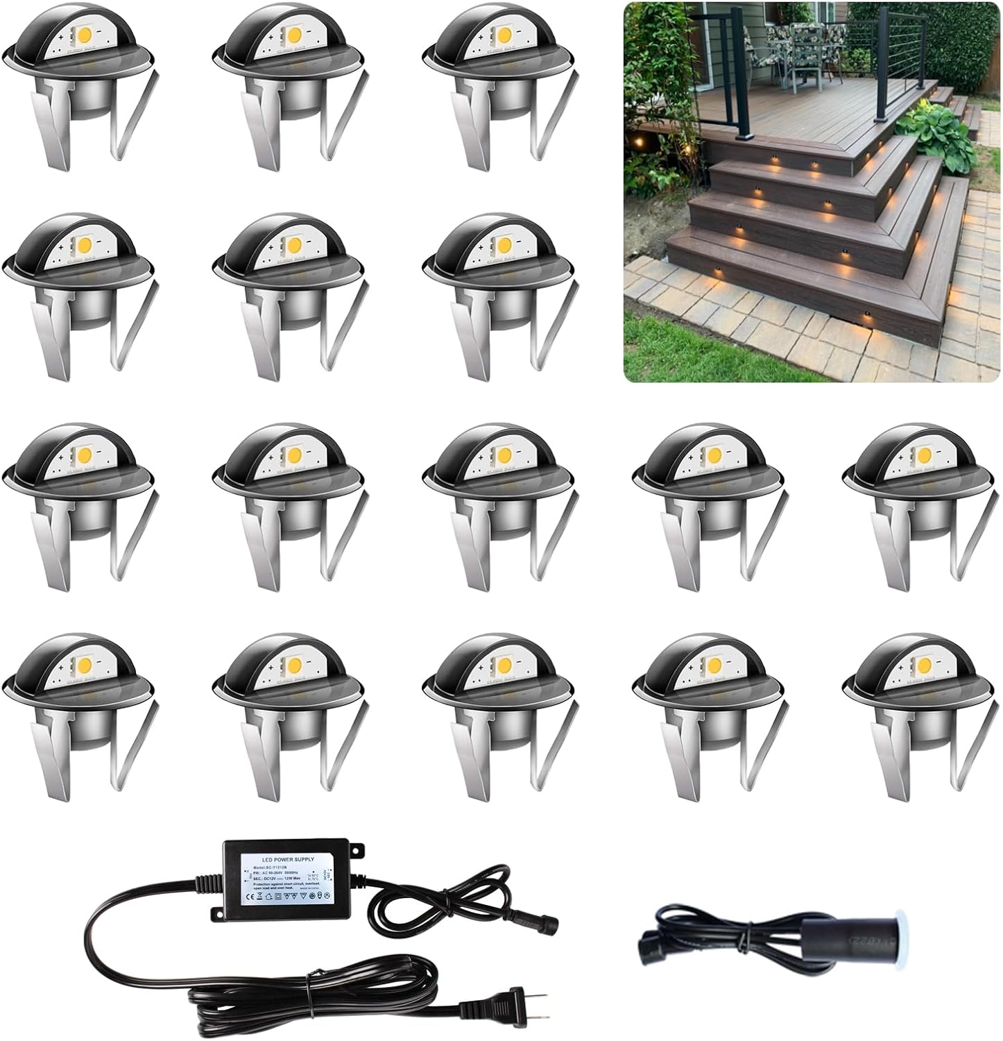 LED屋外デッキライト フォトセル付き &Phi;35mm 温白色 低電圧 12V 16個パック ブラック IP65防水 電気有線ミニ埋め込