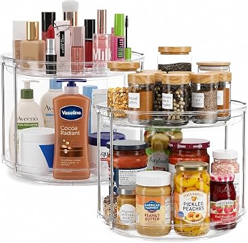 Oizeir Clear Two Tier Lazy Susan Organizer 2-Pack | Rotating Spice Rack Turntable, For Kitchen Cabinet, Countertop, Bathroom, Dining Table, Spinning Carousel Racks