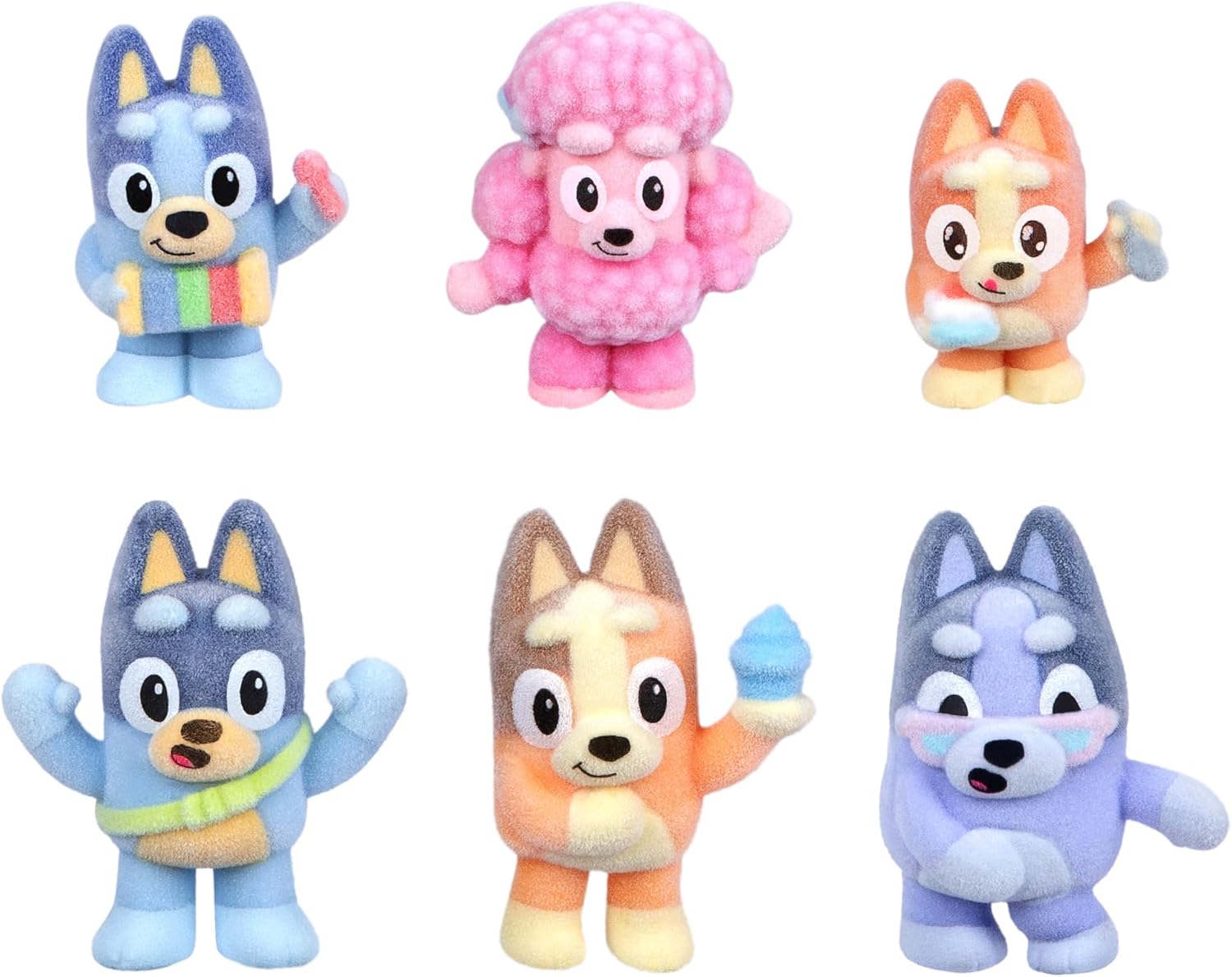 Bluey Fuzzies Deluxe Figure Pack. with 6 Specially Flocked Collectible Mini-Figures. Incl. 2 Surprise Figures (Blind Pack), Trading Card, and Collector's Guide. 80 to Collect in Series 1!